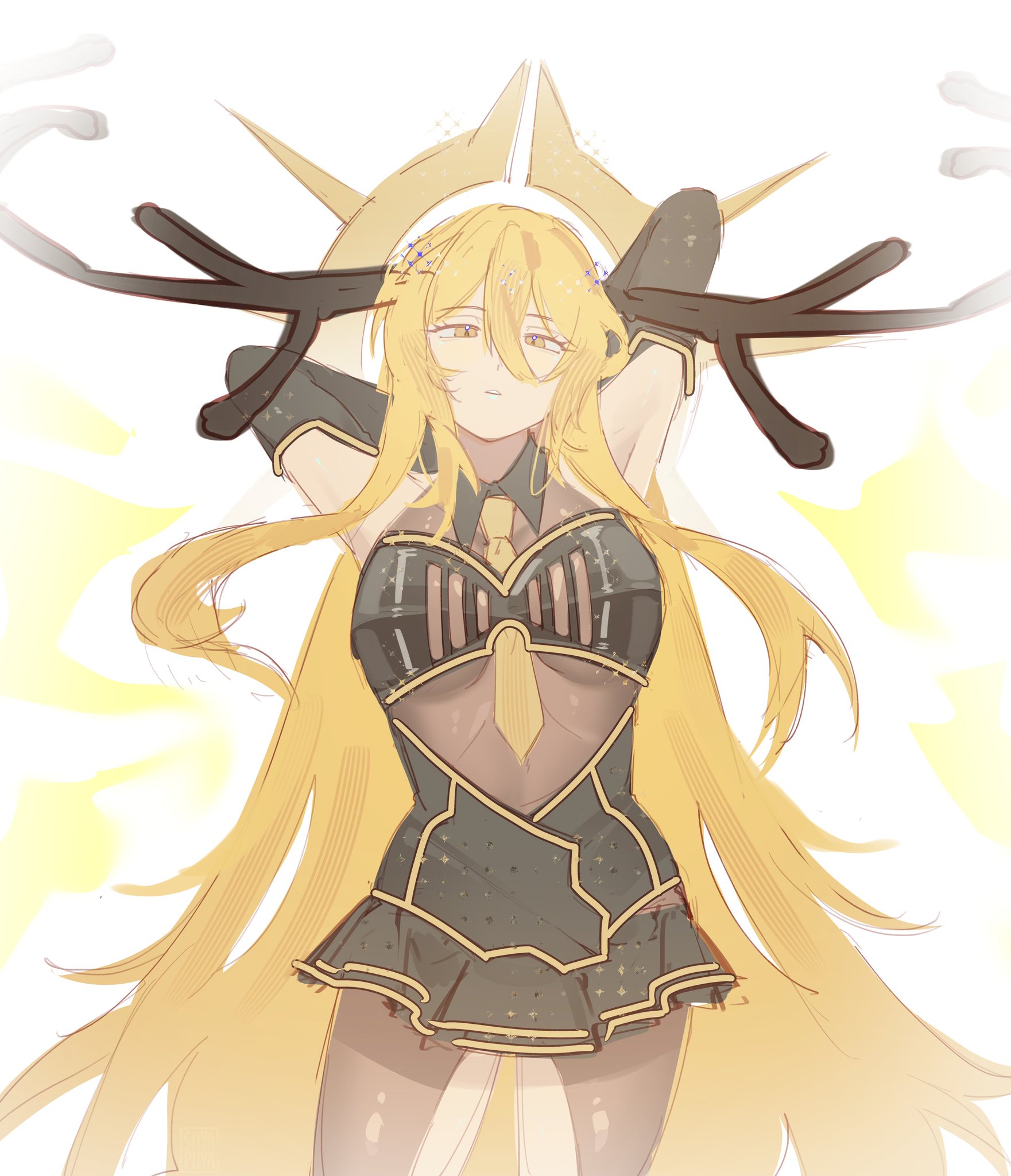 1girl, absurdres, alternate costume, armor, armpits, bikini armor, blonde hair, brown armor, brown cape, cape, closed mouth, commentary request, cowboy shot, detached sleeves, don quixote (limbus company), expressionless, gauntlets, halo, hammer, highres, holding, holding hammer, horns, limbus company, long hair, looking at viewer, necktie, pelvic curtain, project moon, see-through clothes, shaded face, sidelocks, skirt, solo, very long hair, yellow eyes, yellow necktie