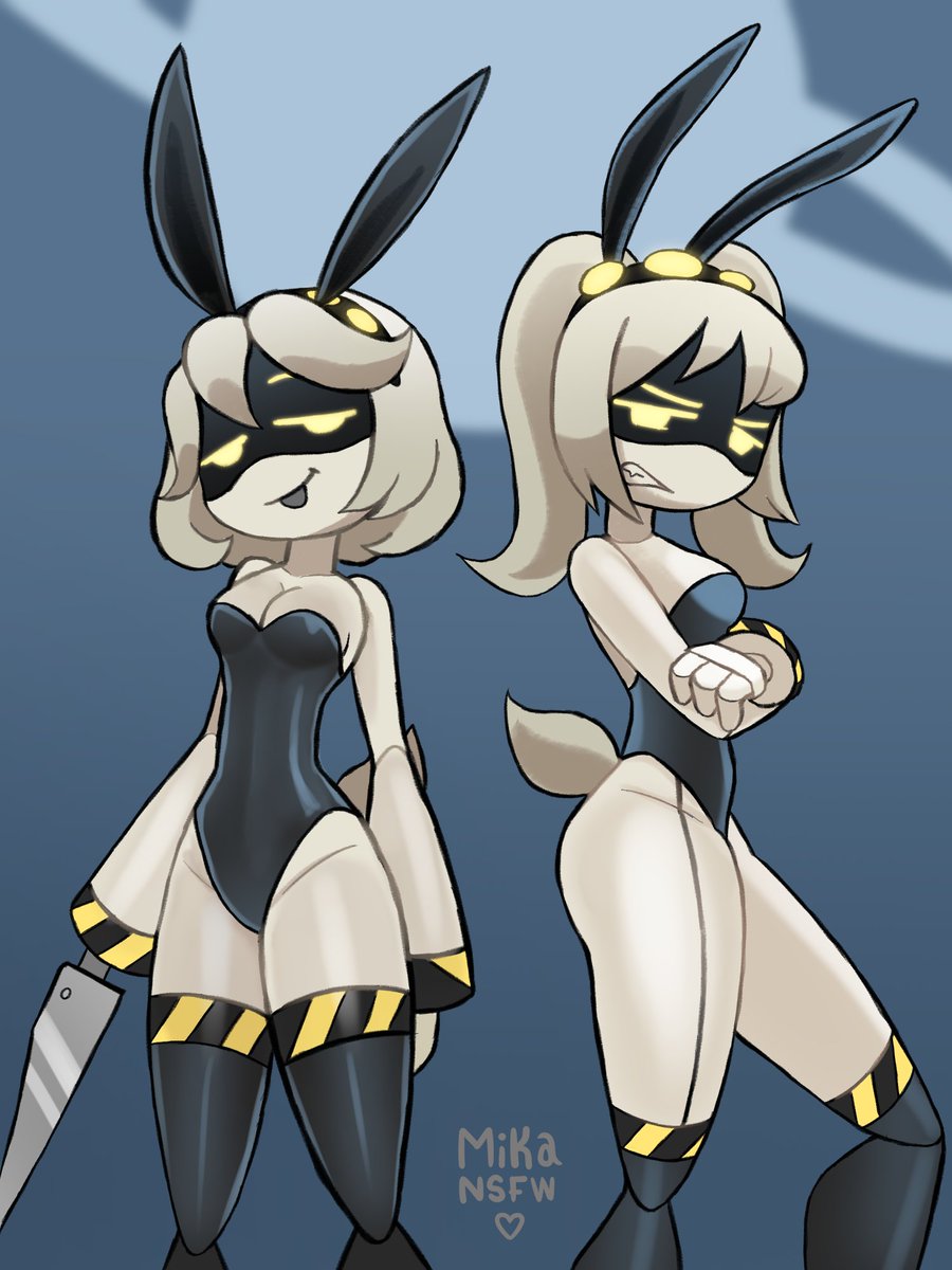 2girls, angry, angry expression, blep, breasts, bunny ears, bunnysuit, female, female focus, female only, j (murder drones), looking at viewer, mikansfw, murder drones, posing, robot, robot girl, sword, v (murder drones)