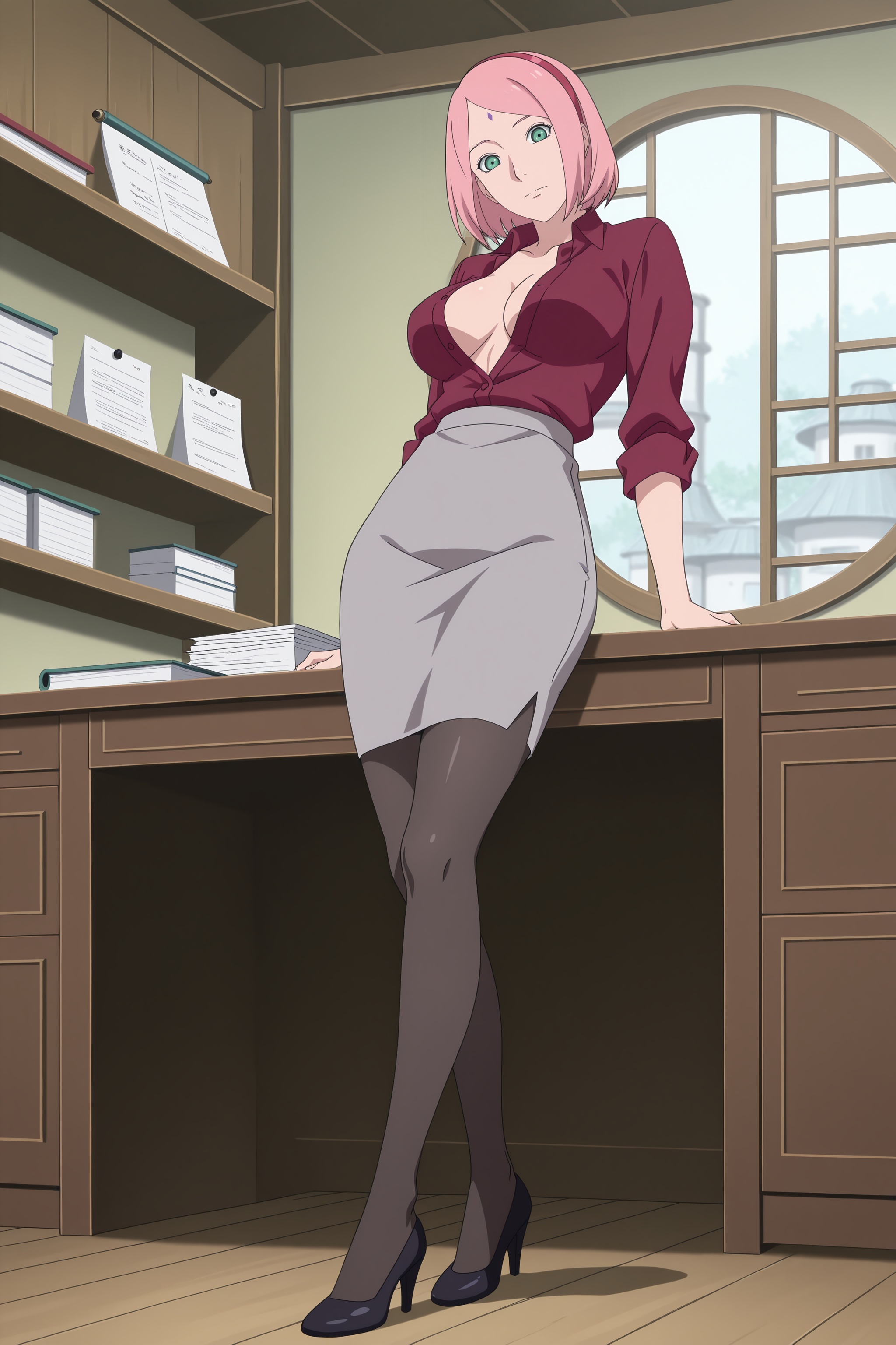 1girls, ai generated, black footwear, black pantyhose, breasts, cleavage, desk, digitalwaifugallery, facial mark, forehead mark, full body, green eyes, grey skirt, hairband, hi res, high heels, high quality, high resolution, indoors, large breasts, looking at viewer, mature female, naruto, no bra, open clothes, open shirt, pantyhose, partially unbuttoned, patreon, pencil skirt, pink hair, red hairband, red shirt, sakura haruno, seductive, sexy, shirt, short hair, skirt, solo, standing, uncensored, window