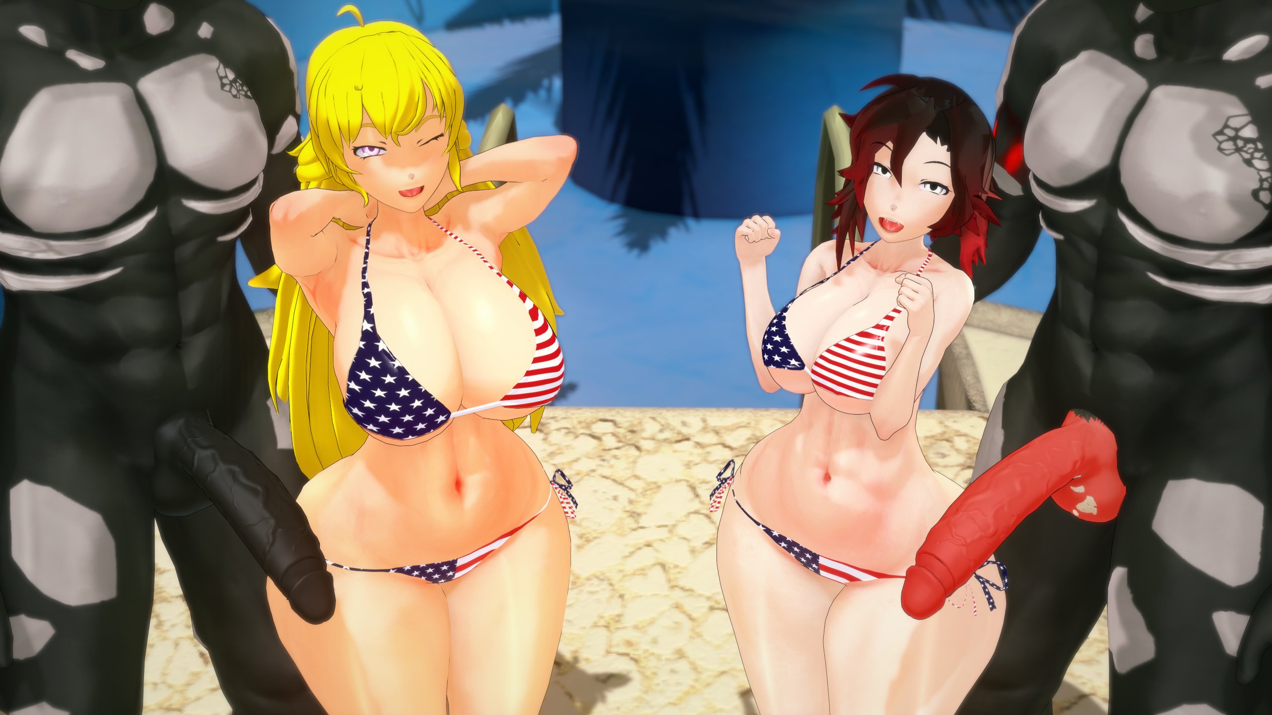 2boys, 2girls, 3d, abs, american flag bikini, big breasts, bikini, bikini bottom, bikini top, black body, black hair, black-haired female, blonde female, blonde hair, breasts, different breast sizes, erect penis, female, flaccid, flaccid penis, grimm (rwby), half-sisters, long hair, long-haired female, male, monster, monster boy, monster cock, morepolygons11, multiple males, multiple penises, nude, nude male, penis, pitch-black skin, purple eyes, ruby rose, rwby, silver eyes, sisters, yang xiao long