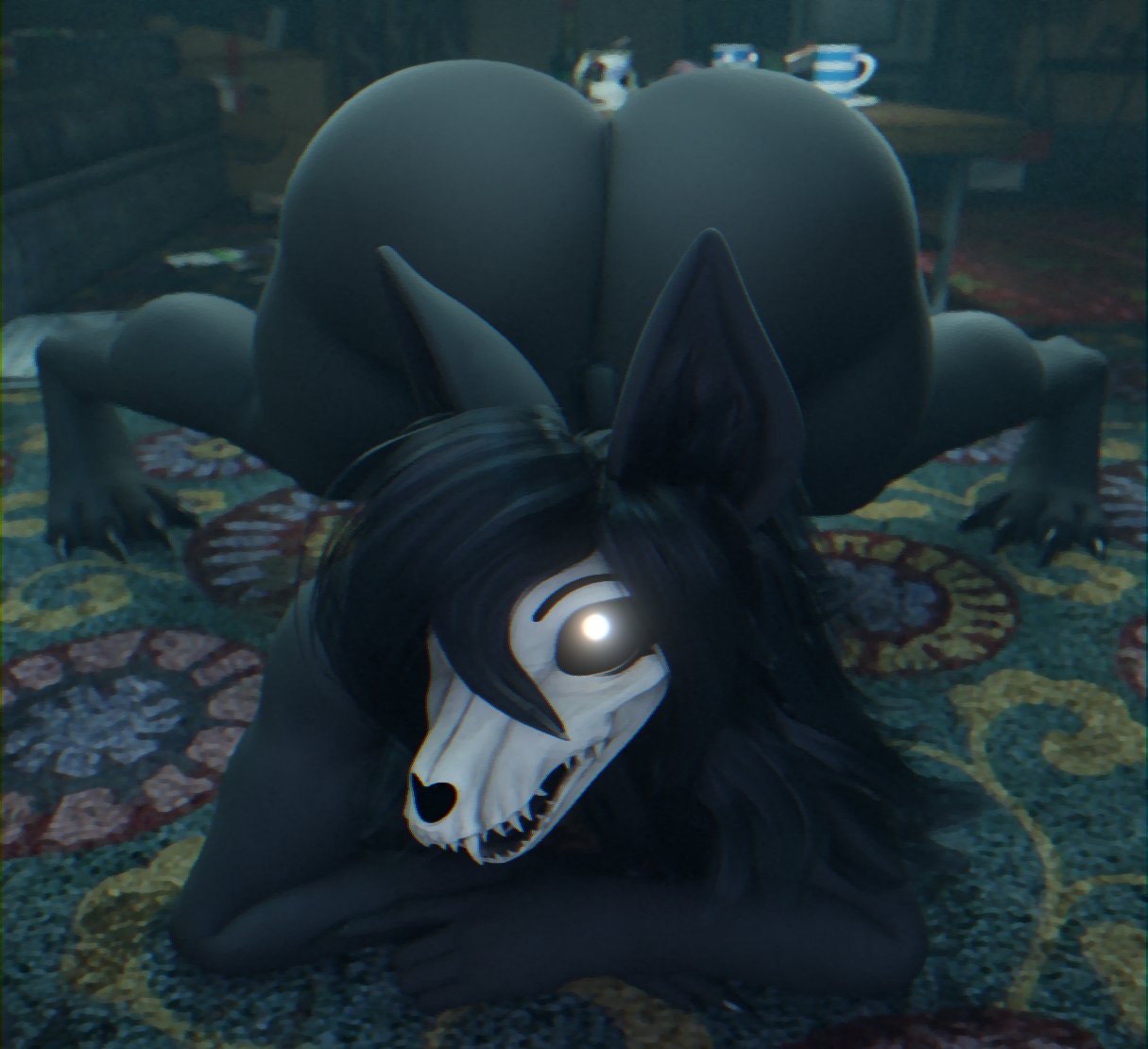 1girls, 3d, anthro, ass, ass up, black hair, fat ass, female, female only, furry, huge ass, long hair, looking at viewer, mal0, malo, naked, naked female, nude, nude female, scp foundation, scp-1471, scp-1471-a, scp-1471-a (scrag), skull head, solo, thick ass, thick thighs, vensaku, wolf, wolf girl