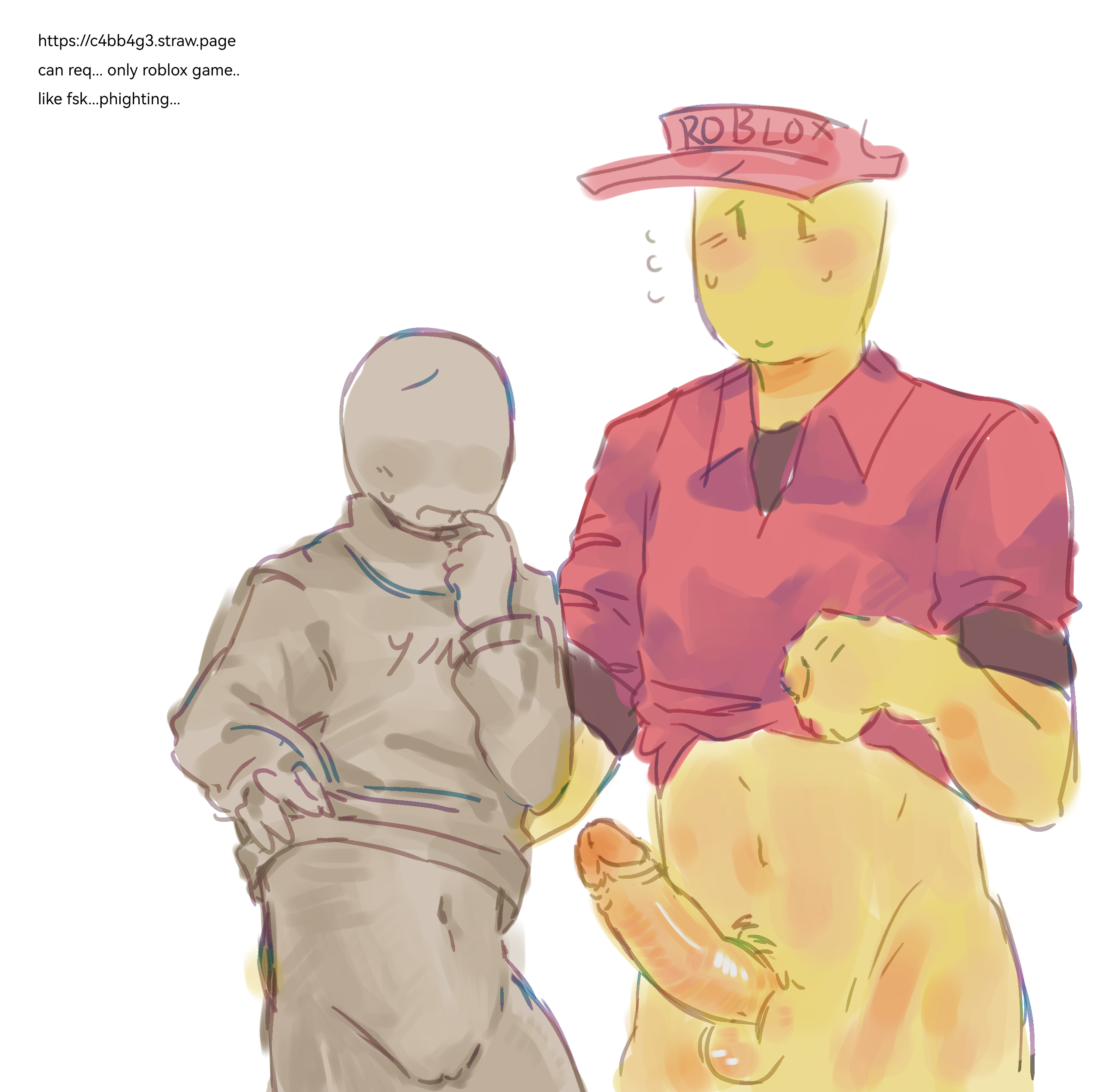 1boy, 1other, balls, bottomless, c4bb4g3, elliot (work at a pizza place), erection, penis, pussy, roblox, roblox game, robloxian, self upload, size difference, standing, tagme, thighs, work at a pizza place, y/n