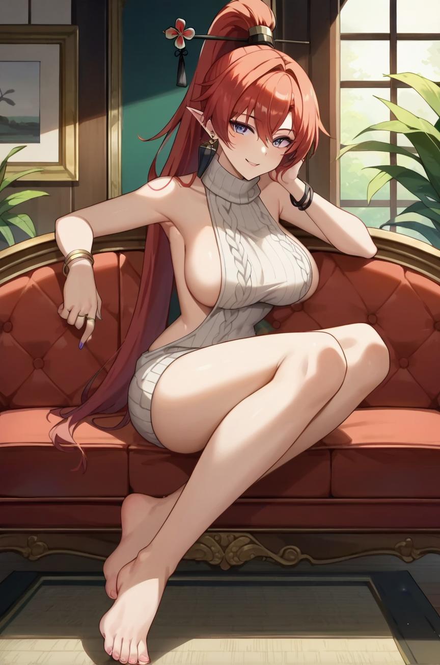 ai_generated breasts couch female long_hair pointy_ears sitting virgin_killer_sweater