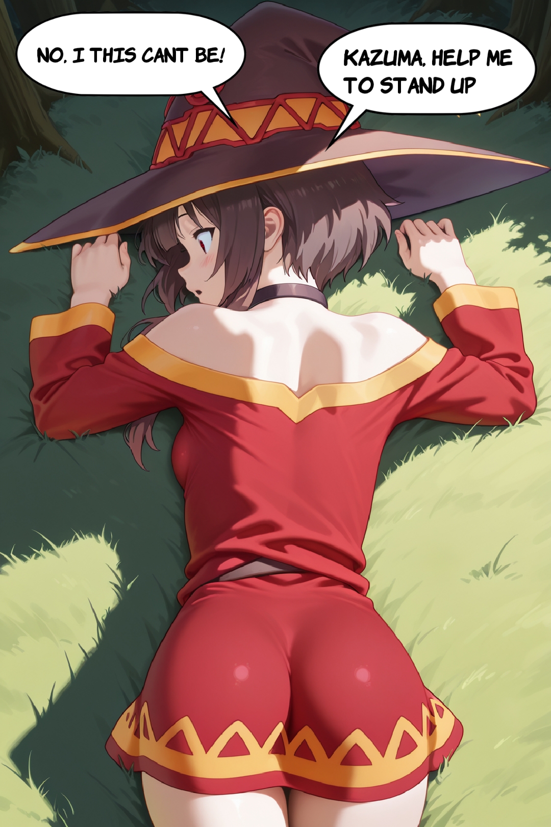 ai generated, breasts, comic, female, kono subarashii sekai ni shukufuku wo!, lying, lying on stomach, megumin, normal breasts, red dress, red eyes, short hair, text, text bubble, wizard hat