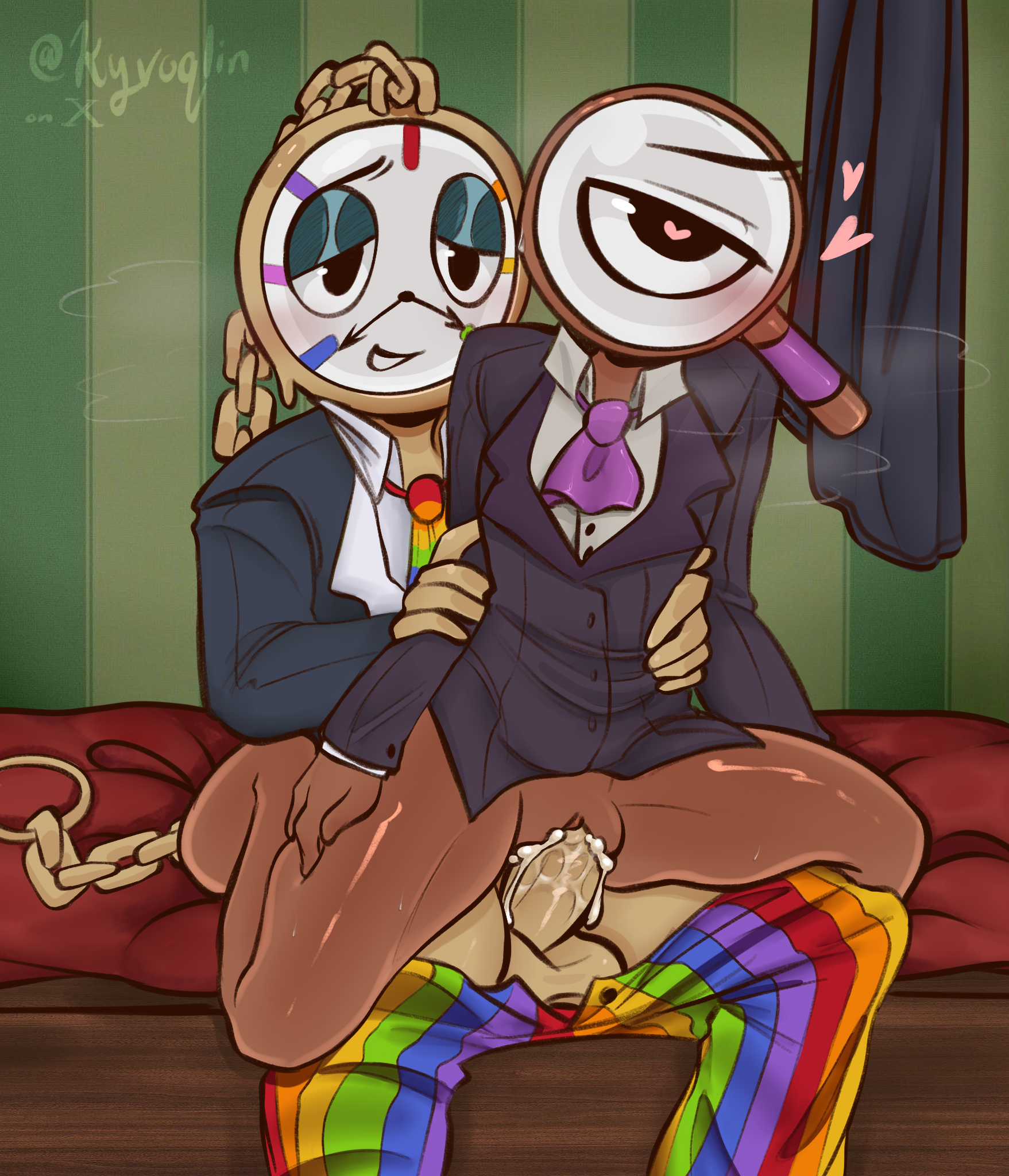 brown skin, cum, cum in pussy, cuntboy, dandy's world, dyle (dandy's world), dyle timesly, glistening body, heart-shaped pupils, intersex, kyvoqlin, male, male penetrated, male penetrating, male/male, object head, penetration, pussy, rodger (dandy's world), squeezing thigh, thick thighs, vaginal penetration, yellow skin