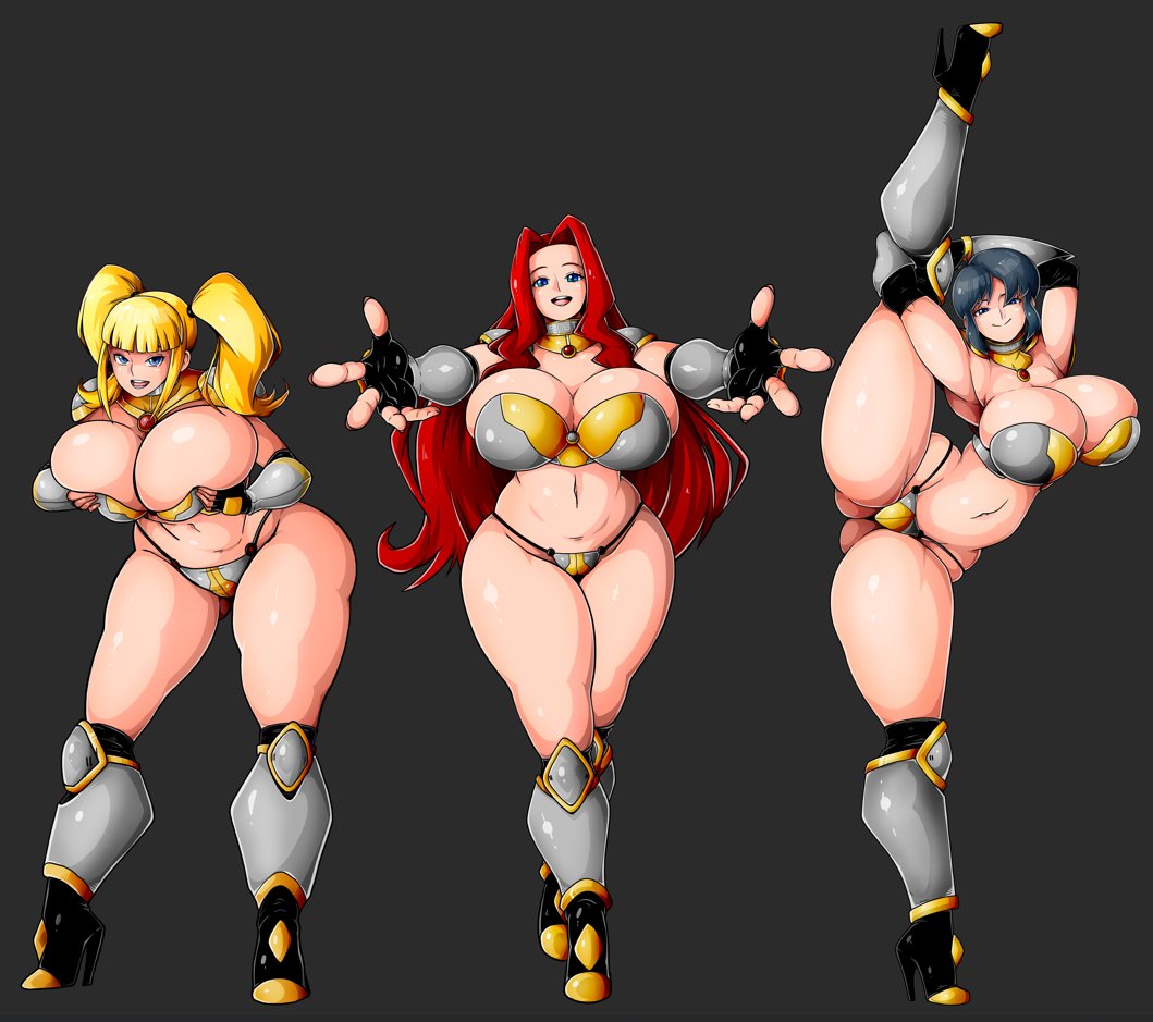 3 way (slut squad), 3girls, black hair, blonde hair, breasts, cherry (3 way), female, heels, holding breast, huge breasts, melody (3 way), red hair, stretching, trix (3 way), twintails, witchking00