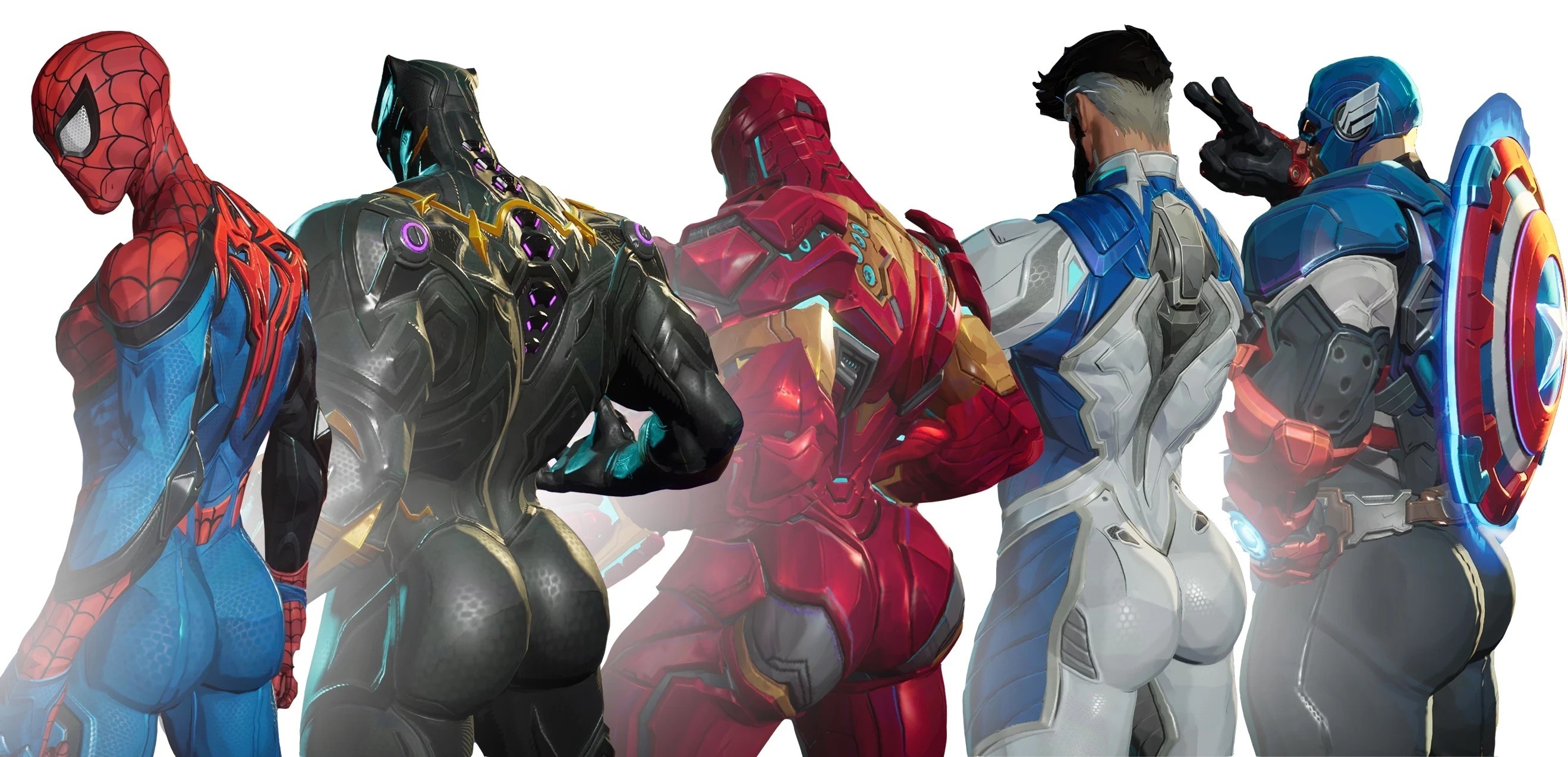 5boys, ass, ass focus, big ass, big ass (male), big butt, black panther (marvel rivals), black panther (marvel), black panther (series), bodysuit, brown hair, bubble ass, bubble butt, butt focus, captain america, captain america (marvel rivals), captain america (series), frellinghazmot, gay, grey hair, huge ass, huge butt, iron man, iron man (marvel rivals), iron man (series), large ass, large butt, light skin, light-skinned male, lineup, male, male only, marvel, marvel comics, marvel rivals, mask, masked, masked male, mod, mr fantastic, mr fantastic (marvel rivals), muscular, muscular male, rear view, reed richards, spider-man, spider-man (marvel rivals), spider-man (series), superhero, thick ass, thick butt