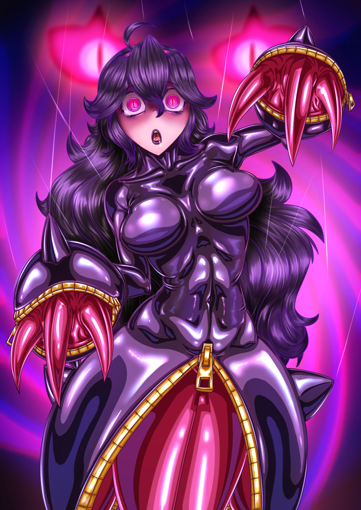 ahoge, banette, banette (cosplay), big, big breasts, bodysuit, breasts, claws, defeated, female, female focus, female only, fetish, fetish wear, game freak, glowing eyes, hair between eyes, hair ornament, hex maniac, latex bodysuit, latex clothing, latex skinsuit, latex suit, light skin, lipstick, long hair, mega banette, mega evolution, mind break, mind broken, mind control, mr.bones22, nintendo, npc trainer, open eyes, open mouth, pokemon, pokemon (cosplay), pokemon (species), pokemon xy, pokesuit, possessed, possession, possessive female, purple lipstick, rubber, rubber clothing, rubber suit, shiny breasts, shiny clothes, shiny skin, skirt, spiral, spiral eyes, tears, thick thighs, unusual anatomy, unusual eyes, unusual pupils, vacant stare, violet hair, wide hips, zipper