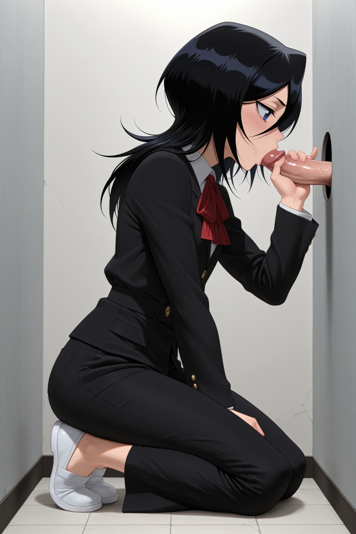 ai generated, black hair, bleach, blowjob, glory hole, handjob while sucking, kneeling, kuchiki rukia, male, penis, sucking penis