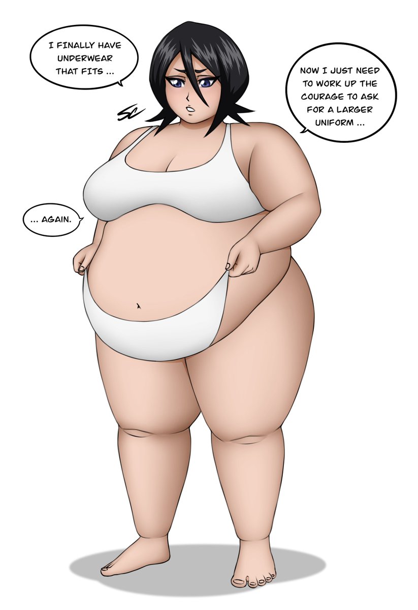 ass, bbw, belly, belly bulge, belly fat, belly focus, black hair, bleach, bleach: the thousand-year blood war, breasts, chubby, female, huge ass, huge belly, huge breasts, huge thighs, kuchiki rukia, overweight, overweight female, pouting, pouting lips, simple background, squishcomplex, tummy, tummy bulge, weight gain, white background, white bra, white panties