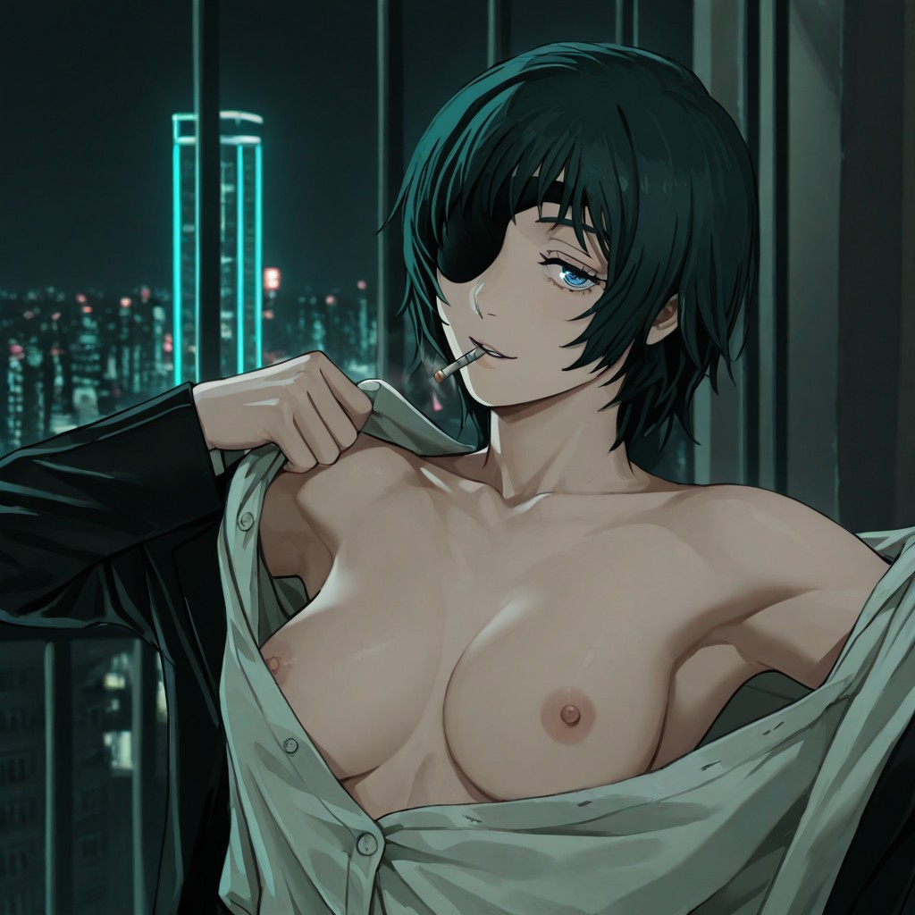 ai generated, areola, areolae, armpit, armpits, bare breasts, bare shoulders, big breasts, black hair, black-haired female, breasts, breasts out, chainsaw man, cigarette, city, cityscape, dress shirt, exposed breasts, exposed torso, eyepatch, female, female focus, female only, half naked, half-dressed, himeno (chainsaw man), large breasts, light skin, light-skinned female, looking at viewer, neon lights, nipples, nordinex5, open clothes, open shirt, pale skin, pale-skinned female, perfect body, perfect boobs, solo, solo female, solo focus, stable diffusion, tits out, unbuttoned, unbuttoned shirt, undressing, upper body