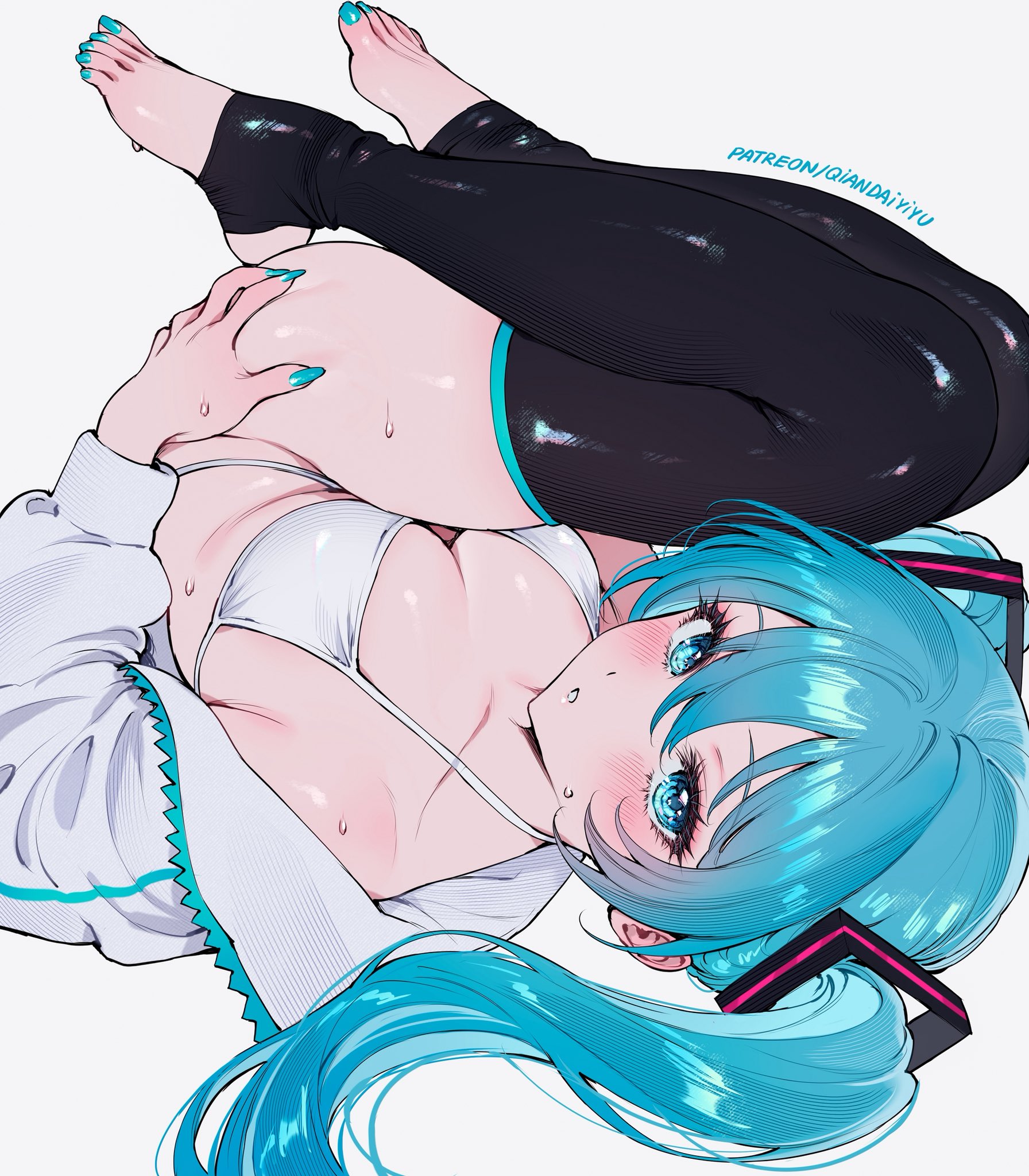 1girl, aqua eyes, aqua hair, aqua nails, armwear, bangs, barefoot, big breasts, bikini, black thighhighs, blue eyes, blue hair, blue nails, blue toenails, blush, breasts, cleavage, collarbone, feet, female, grabbing ass, grabbing own ass, hair between eyes, hair ornament, hatsune miku, jacket, large breasts, long hair, long sleeves, looking at viewer, lying, medium breasts, nail polish, on back, open clothes, open jacket, parted lips, qiandaiyiyu, seductive pose, simple background, solo, string bikini, string panties, suggestive pose, sweat, swimsuit, thick thighs, thighhighs, thighs, toeless legwear, toenail polish, toenails, toes, twintails, upside-down, vocaloid, white background, white bikini, white jacket