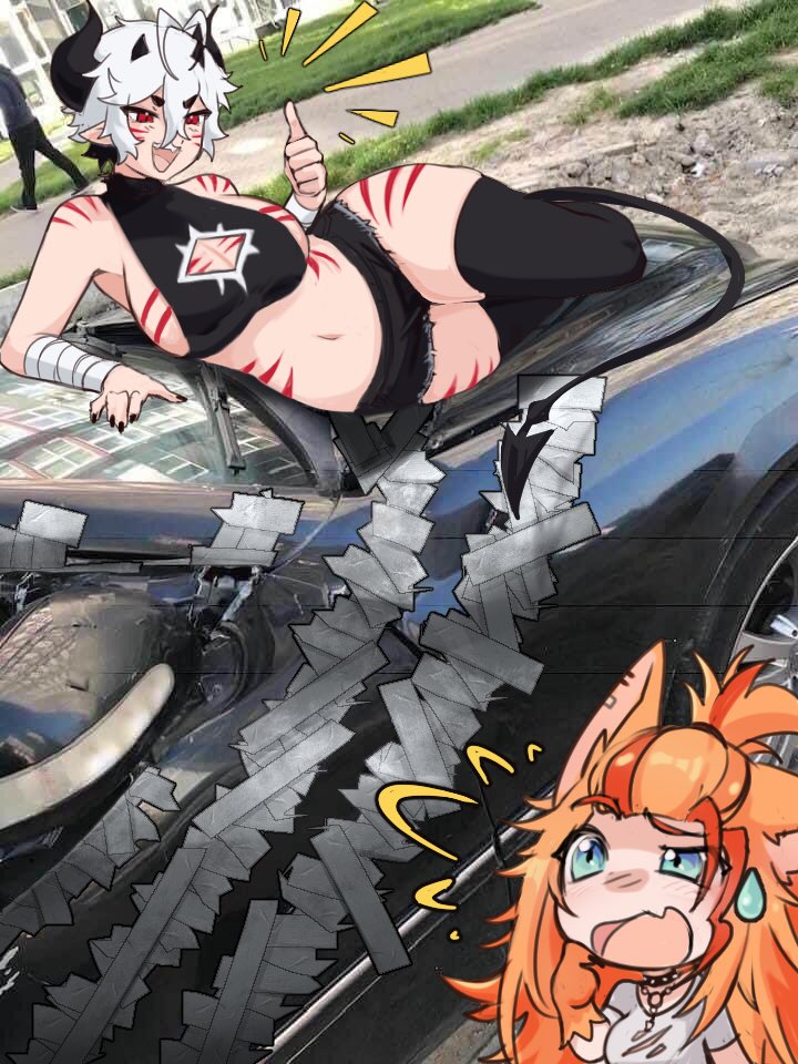 animal ears, bandaged arm, black hair, black shorts, blaire rune, blairevt, blue eyes, breasts, buffpup (vtuber), car, chibi, cleavage, cleavage cutout, confused, demon horns, demon tail, duct tape, female, horns, indie virtual youtuber, jean shorts, laying on car, laying on side, meme, nonbinary, orange hair, proud, public, real life background, red eyes, red stripes, short hair, sideboob, skindentation, striped body, sweatdrop, tagme, tail, thick thighs, thigh highs, thigh squish, thighhighs, thumbs up, virtual youtuber, vtuber, white hair