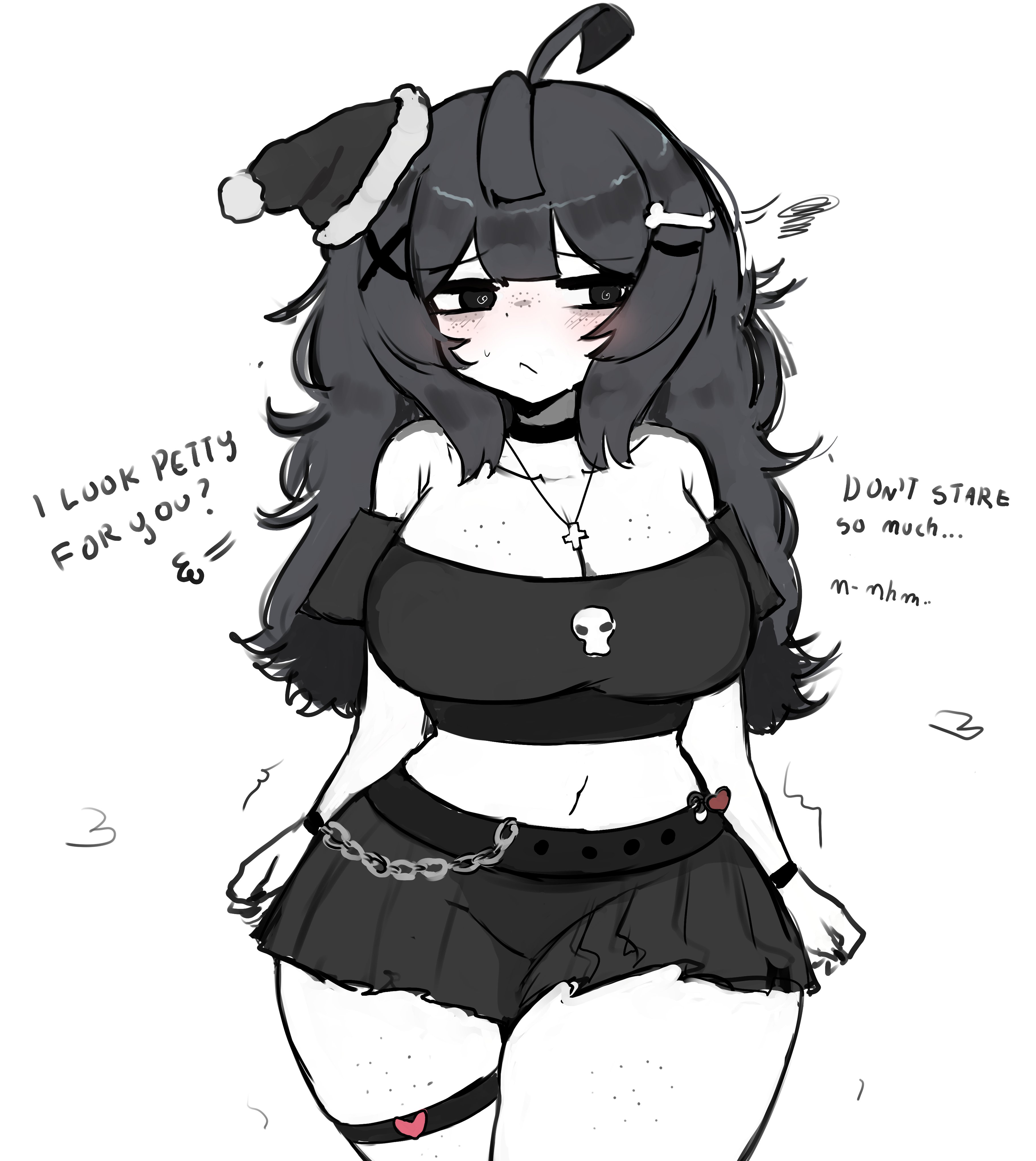1girls, 2025, bare legs, bare shoulders, big breasts, big thighs, black hair, breasts, christmas, christmas hat, clothed, clothing, collar, embarrassed, english text, female, female only, goth, goth girl, hat, hi res, huge breasts, long hair, looking away, mizu (yourmizuki), oc, original, original character, simple background, skirt, solo, text, thick thighs, thighs, white background, white body, yourmizuki