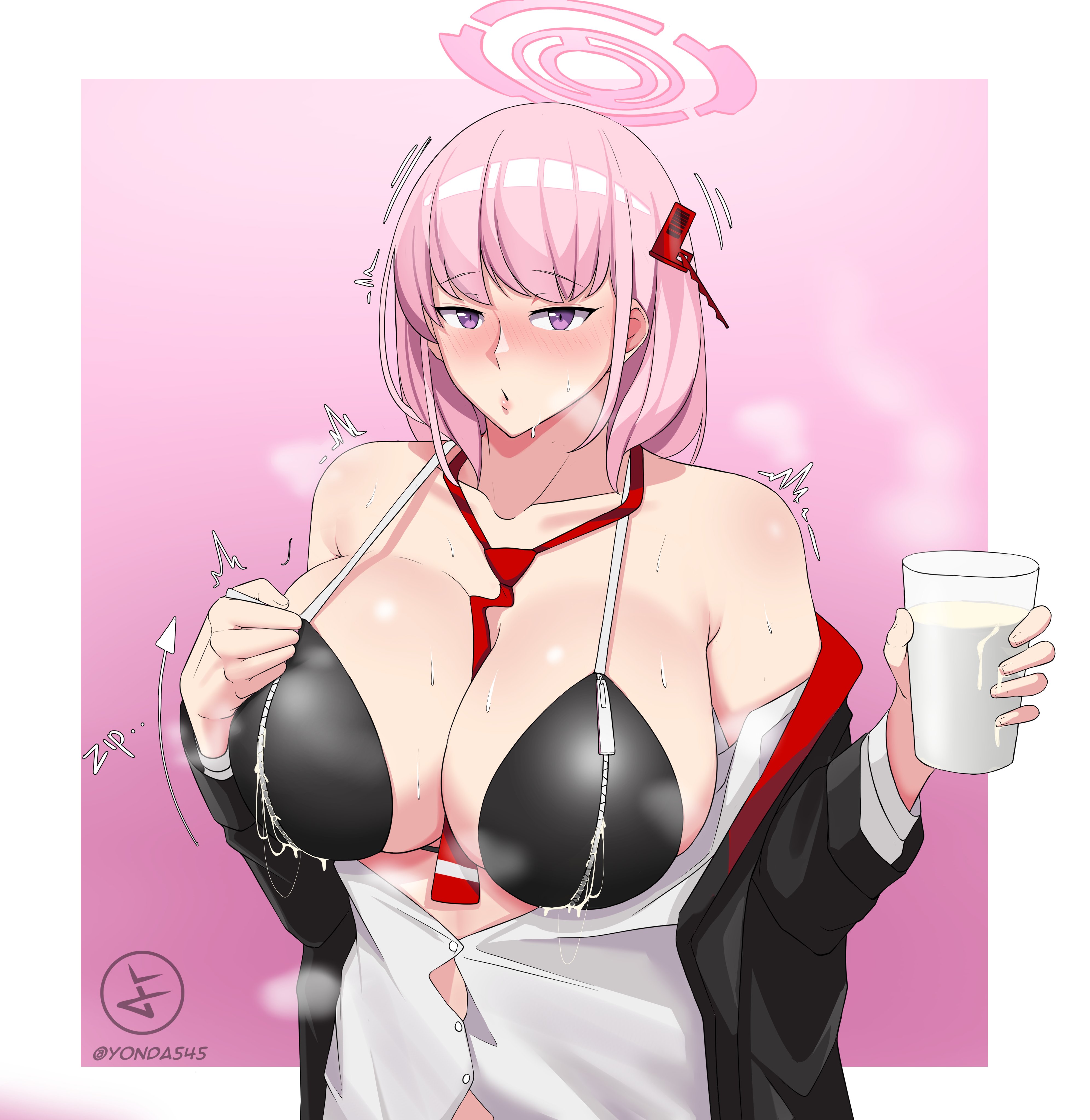 2d artwork, blue archive, blush, blushing, breastmilk, breasts, breasts bigger than head, collarbone, dress shirt, drink, drinking glass, eimi (blue archive), female, female focus, female only, hair decoration, hair ornament, halo, huge breasts, jacket, jacket partially removed, lactating through clothing, lactation, lactation through clothes, light skin, light-skinned female, looking at viewer, milk, offering to viewer, pale skin, pale-skinned female, pink background, pink eyes, pink hair, short hair, steam, steaming body, sweat, sweating, sweaty, tie, tie between breasts, trembling, trembling for pleasure, unbuttoned shirt, video game character, yonda545, zipper pull tab