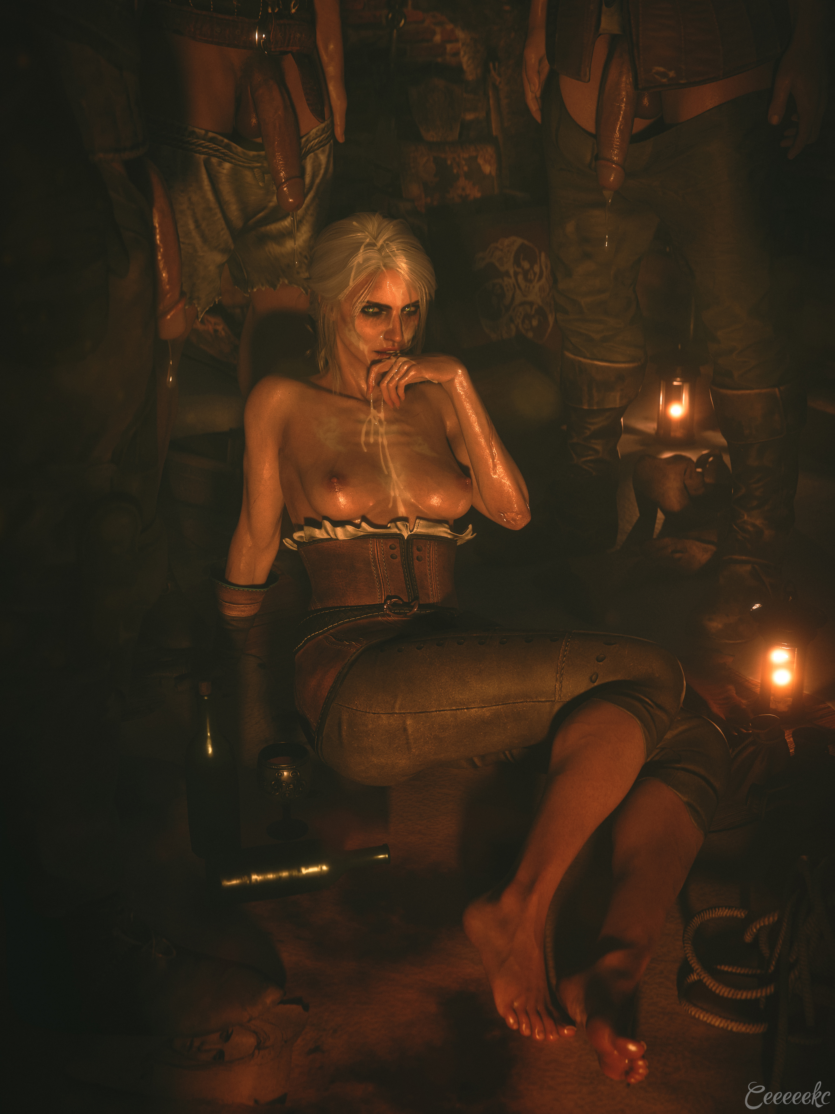 1girls, 2025, 3boys, 3d, areolae, barefoot, belt, black eyeshadow, breasts, breasts out, bukkake, cd projekt red, ceeeeekc, ciri, corset, cum, cum drip, cum dripping from penis, cum on face, cum on hair, detailed background, eyeshadow, feet, female, female focus, green eyes, hand on chin, hand rest, heavy eyeshadow, indoors, long hair, looking at viewer, male, mascara smear, medium breasts, naughty smile, nipples, one glove, pants, pants down, penis, post-orgasm, ruined makeup, sitting, sitting on ground, smeared makeup, smeared mascara, the witcher (series), the witcher 3: wild hunt, tied hair, toes, toned, toned arms, toned legs, white hair