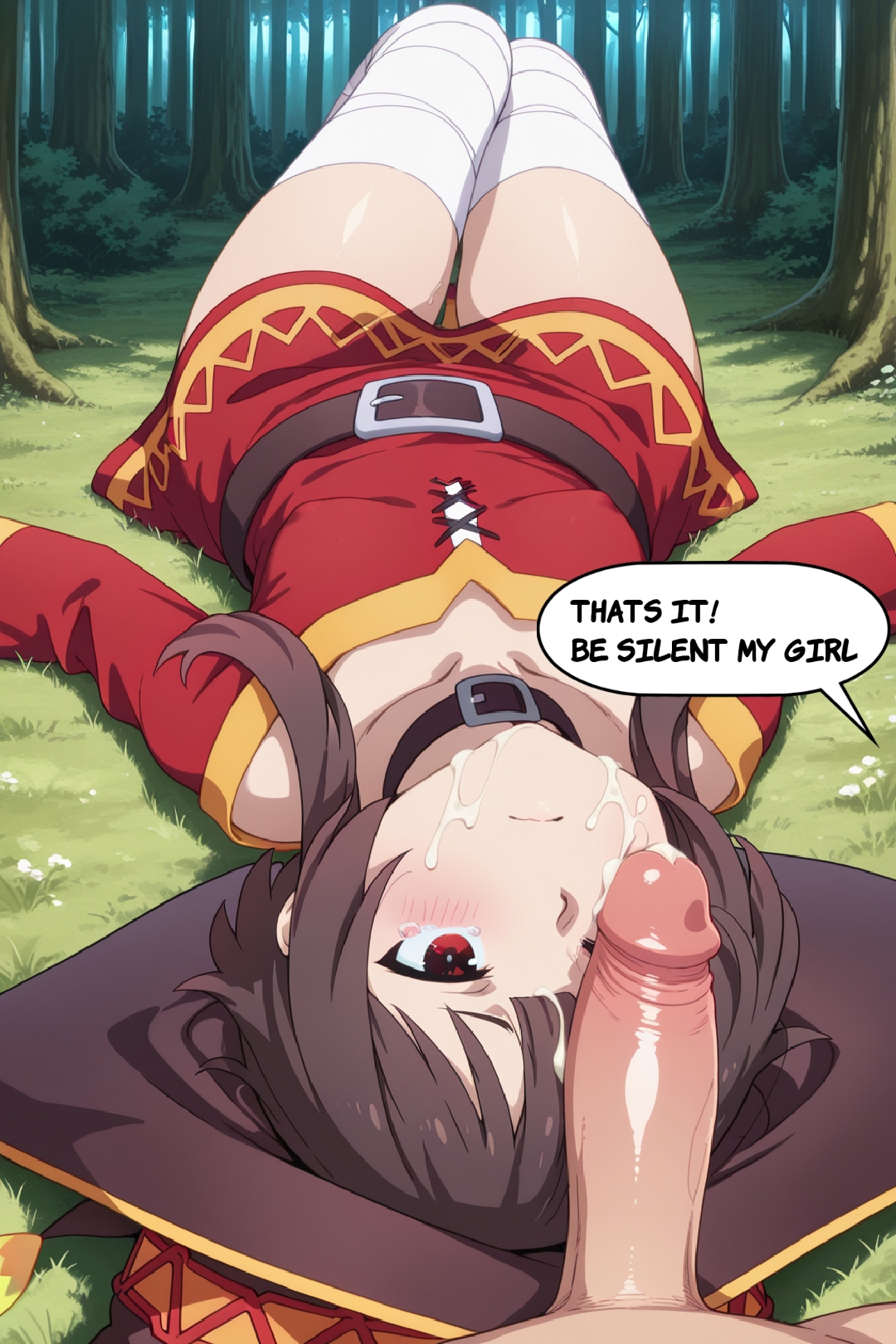 after fellatio, after rape, ai generated, breasts, comic, cum on face, female, kono subarashii sekai ni shukufuku wo!, male, megumin, normal breasts, penis, penis on face, questionable consent, red dress, red eyes, satou kazuma, short hair, text, text bubble