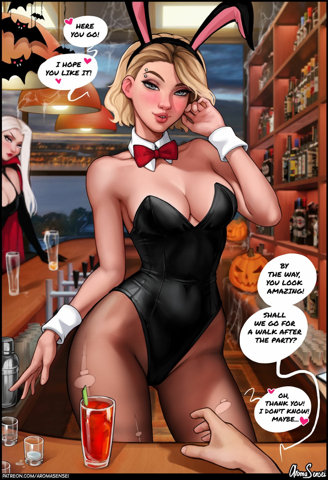 2d, 2d (artwork), aroma sensei, ass, bar, bunny girl, bunny tail, bunnysuit, dialogue, disney, elsa (frozen), female, female focus, female only, frozen (film), frozen 2, gwen stacy, light skin, light-skinned female, looking at viewer, marvel, marvel comics, playboy bunny, spider-gwen, spider-man (series), spider-man: across the spider-verse, spider-man: into the spider-verse, tagme, text