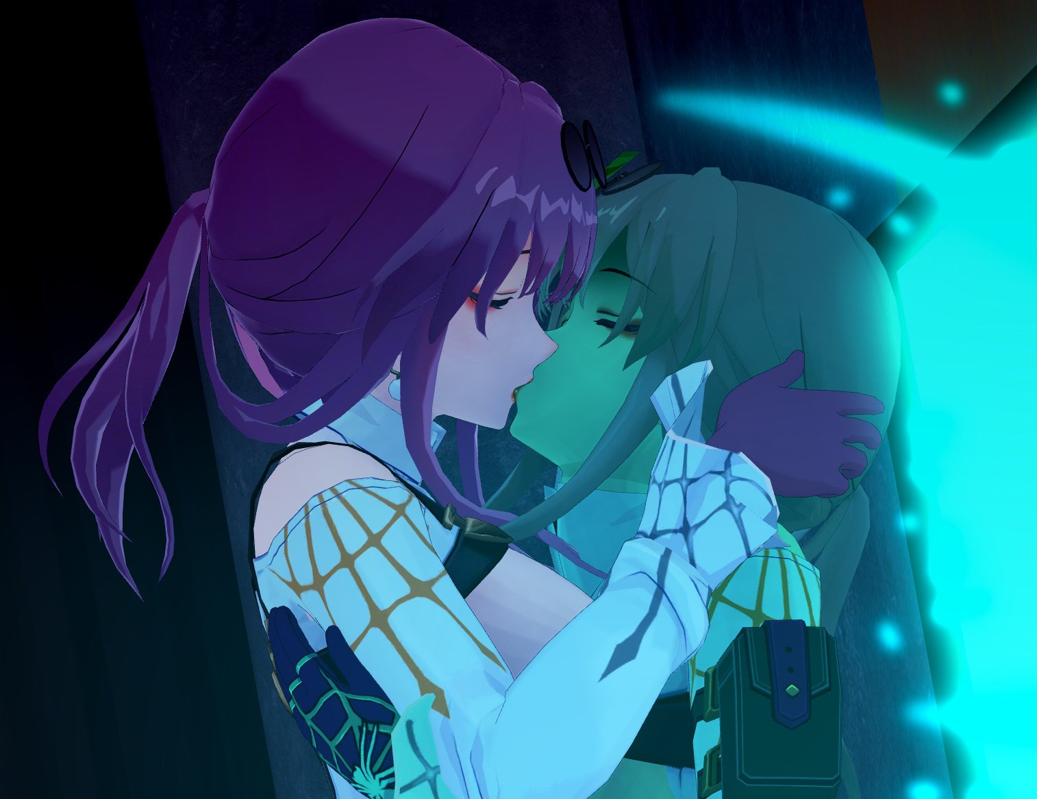 3d, 3d render, armor, breasts, cute, female, french kiss, honkai: star rail, kafka (honkai: star rail), lewd, lluanhyperzero, magic, mihoyo, selfcest, spirit, stelle (honkai: star rail), yuri