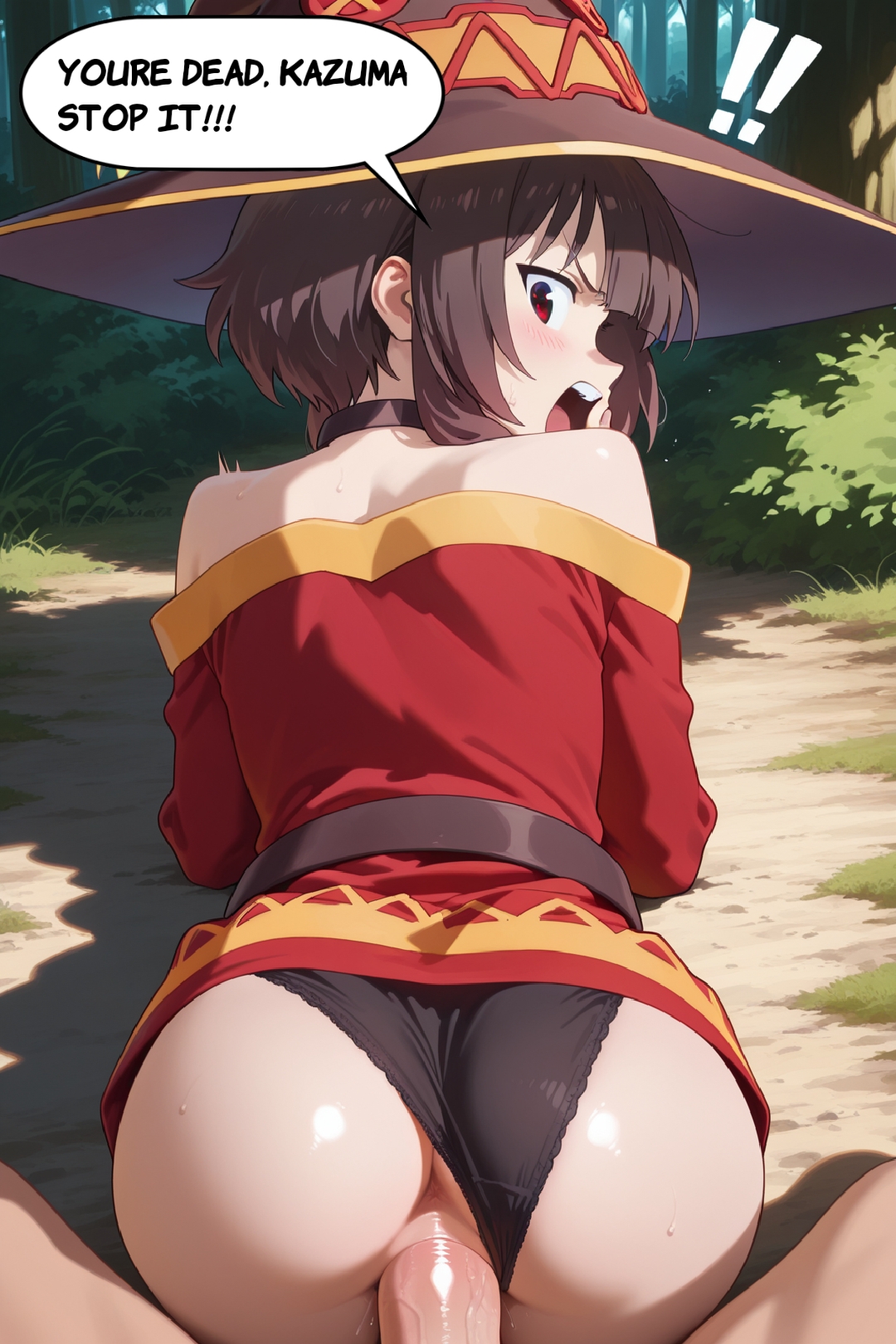 ai generated, angry, angry face, breasts, comic, female, kono subarashii sekai ni shukufuku wo!, megumin, normal breasts, panties, panties aside, pussy, red dress, red eyes, satou kazuma, short hair, text, text bubble, vaginal penetration, vaginal sex, wizard hat