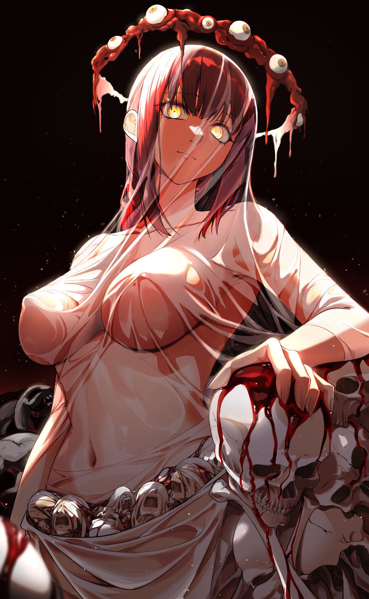 1girls, adult, adult female, areolae, belly, belly button, big breasts, braid, braided hair, braided ponytail, breasts, busty, busty female, chainsaw man, cleavage, collarbone, exposed, exposed belly, exposed breasts, exposed midriff, exposed nipples, exposed shoulders, exposed tits, female, female focus, female only, fingernails, fingers, halo, head tilt, high resolution, highres, huge breasts, large breasts, lean figure, long hair, looking at viewer, looking down, looking down at viewer, makima (chainsaw man), mature, mature female, midriff, narrow waist, navel, nipple bulge, nipples, paintchuuni, plump breasts, ponytail, red hair, red-haired female, ring eyes, shoulders, sidelocks, simple background, skull, slender body, slender waist, slim waist, solo, standing, tilted head, underboob, upper body, yellow eyes, yellow-eyed female