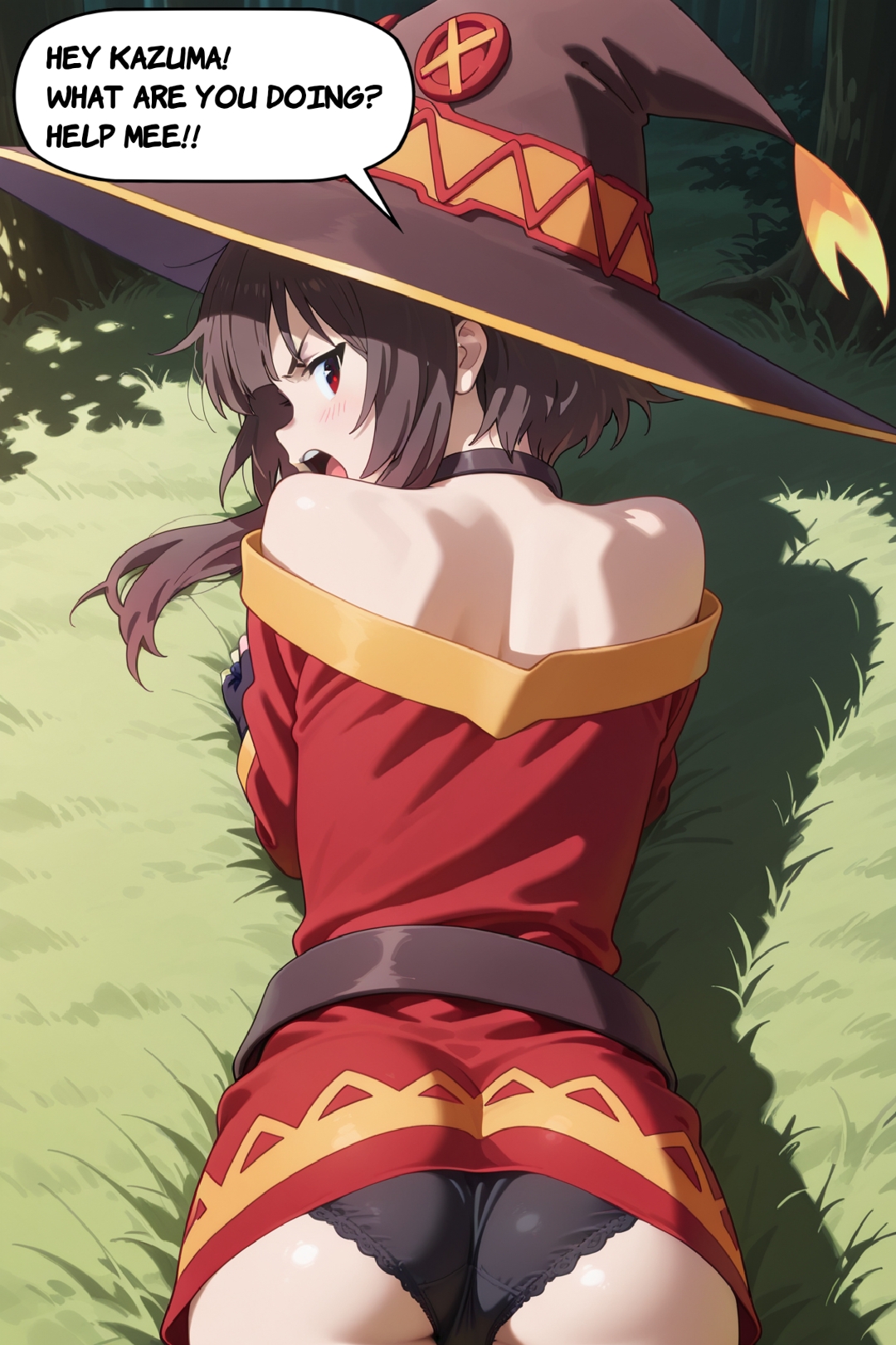 ai generated, angry, angry face, breasts, comic, female, kono subarashii sekai ni shukufuku wo!, megumin, normal breasts, panties, red dress, red eyes, short hair, text, text bubble, wizard hat