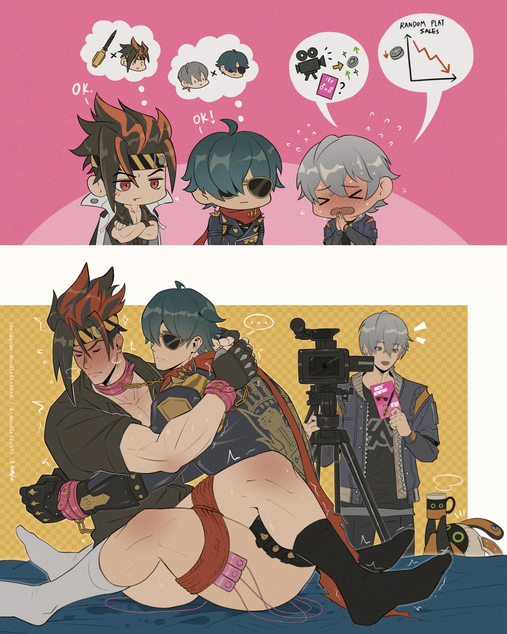 ..., > <, 1other, 3boys, ambiguous gender, anton ivanov, bangboo (zenless zone zero), black gloves, black socks, blush, bondage, bound, closed eyes, closed mouth, collar, crossed arms, cuffs, doodlefish, doodlefish75, english commentary, eous (zenless zone zero), fang out, fingerless gloves, gay, gay male, gloves, green hair, highres, jacket, leather, leather jacket, lighter (zenless zone zero), male, male focus, male only, multicolored hair, multiple boys, multiple males, oerba yun fang, open mouth, red scarf, remote control vibrator, scarf, sex toy, small dom big sub, socks, spoken character, spoken ellipsis, spoken object, sunglasses, tripod, vibrator, video camera, white socks, wise (zenless zone zero), yaoi, zenless zone zero