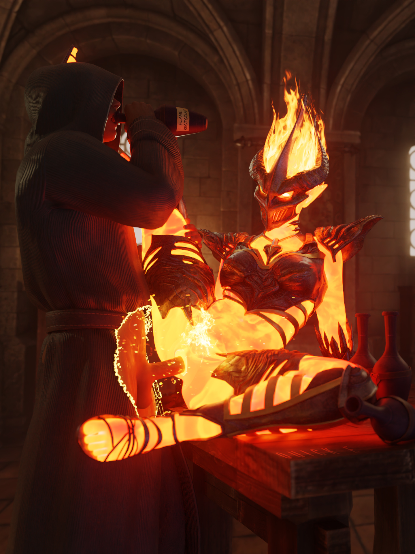 1boy, 1girls, 3d, anthro, ass, balls, big ass, big balls, big breasts, breasts, female, female penetrated, flame, flame atronach, male, penetration, quick e, sex, the elder scrolls, the elder scrolls iv: oblivion