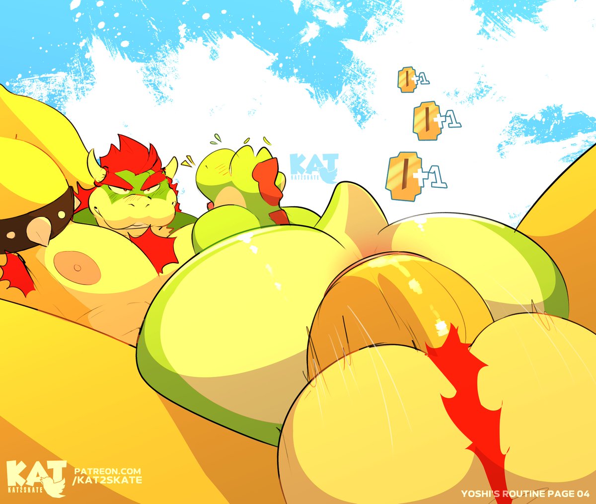 2boys, 2d, anal, anal sex, anthro, anthro on anthro, arm behind head, armband, armpit hair, armpits, artist logo, artist name, ass, balls, big penis, blush, bowser, chest tuft, duo, gay, gay sex, green skin, heart, horns, kat2skate, low-angle view, male, male on anthro, male on male, male only, male/male, mammal, mario (series), nintendo, nipples, nude, nude male, patreon, patreon username, penis, protagonistsub antagonistdom, pubic hair, sex, size difference, sky, spiked armband, spiked collar, tail, twitter username, url, video games, watermark, x-ray, yoshi