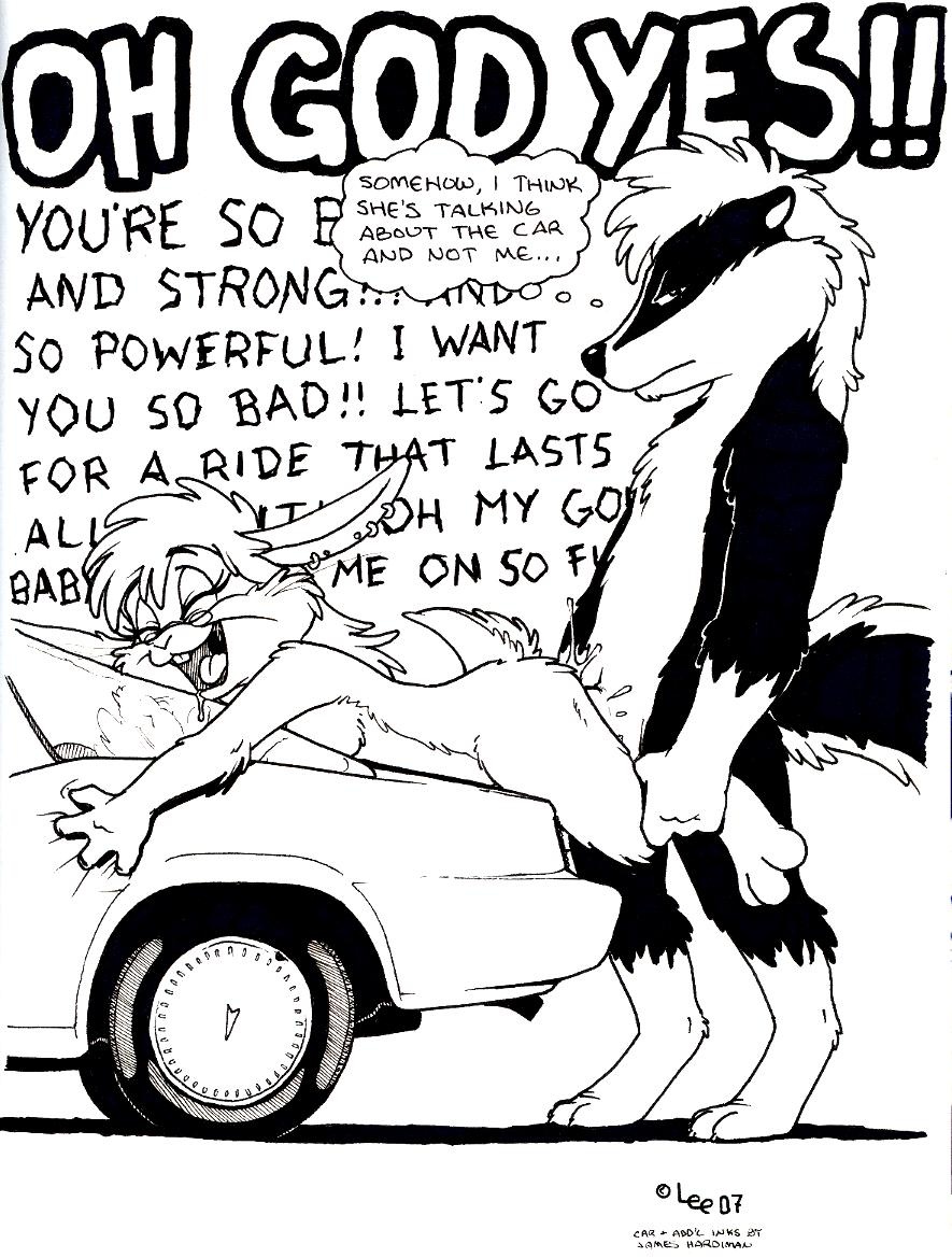 2007 black_and_white car cigarskunk closed_eyes cum desiree_lee dialogue english_text female glasses james_m_hardiman male monochrome nude penis piercing rabbit sex skunk straight text