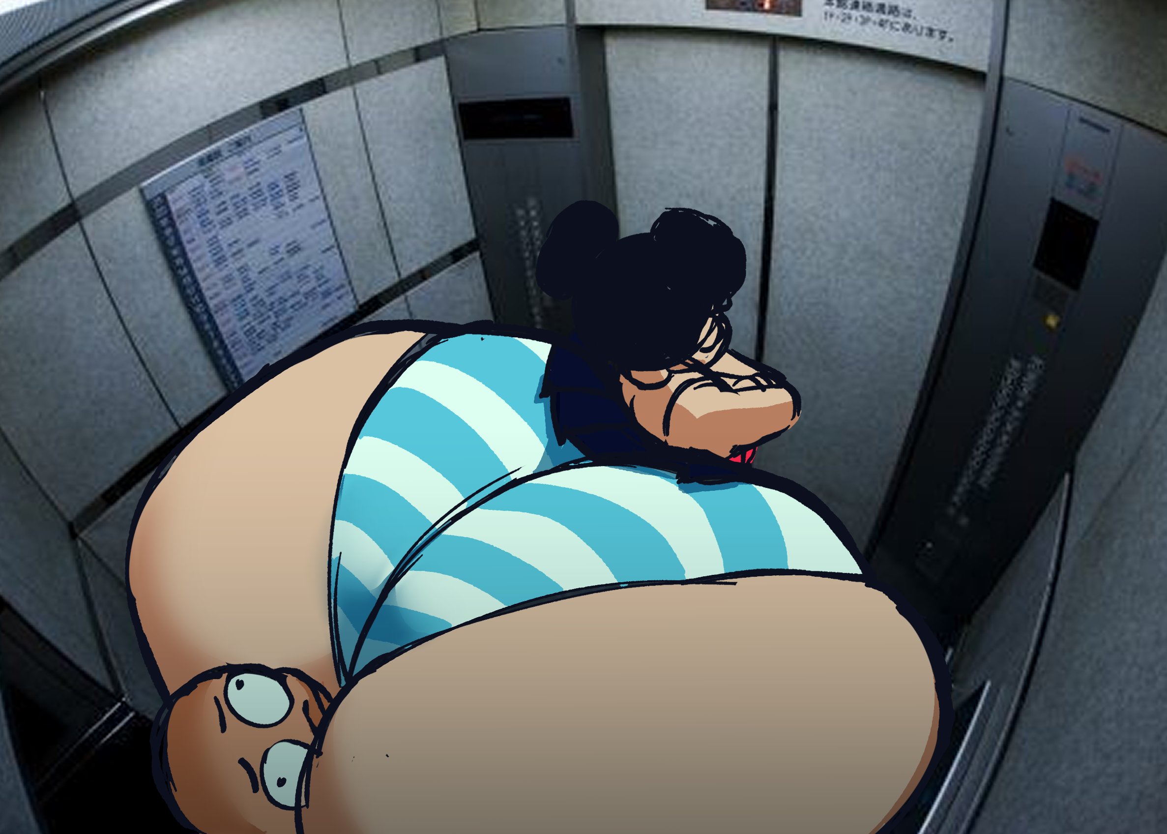 1girls, against wall, ass, ass bigger than head, ass bigger than torso, ass body, between buttocks, clueless, elevator, elpiromanias, female, hyper, hyper ass, hyper thighs, massive ass, short hair, tagme, takumi (elpiromanias), thick thighs