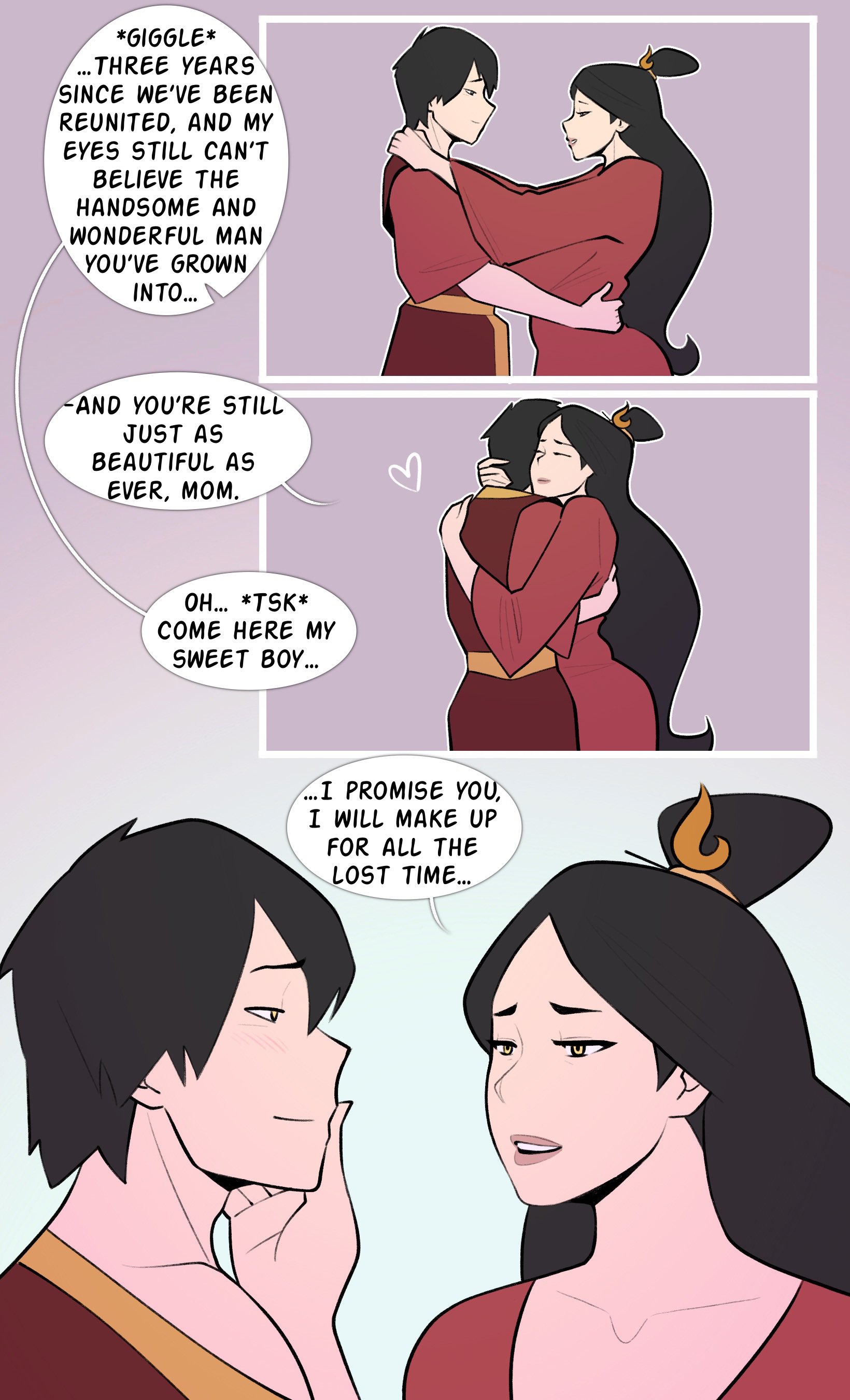 1boy, aged up, avatar the last airbender, black hair, blush, blush lines, blushing, breast press, breasts, clavicle, closed eyes, clothed, clothes, collarbone, comic, comic page, couple, dialogue, english language, english text, female, hair bun, hand on another's cheek, hand on another's face, heart, hug, imminent sex, japanese clothes, jopuari, long hair, long sleeves, looking at another, makeup, male, mature female, mother and son, nightgown, page 2, plump lips, red dress, robe, short hair, sideboob, single hair bun, smile, smiling at another, straight, text, topknot, ursa (avatar), zuko