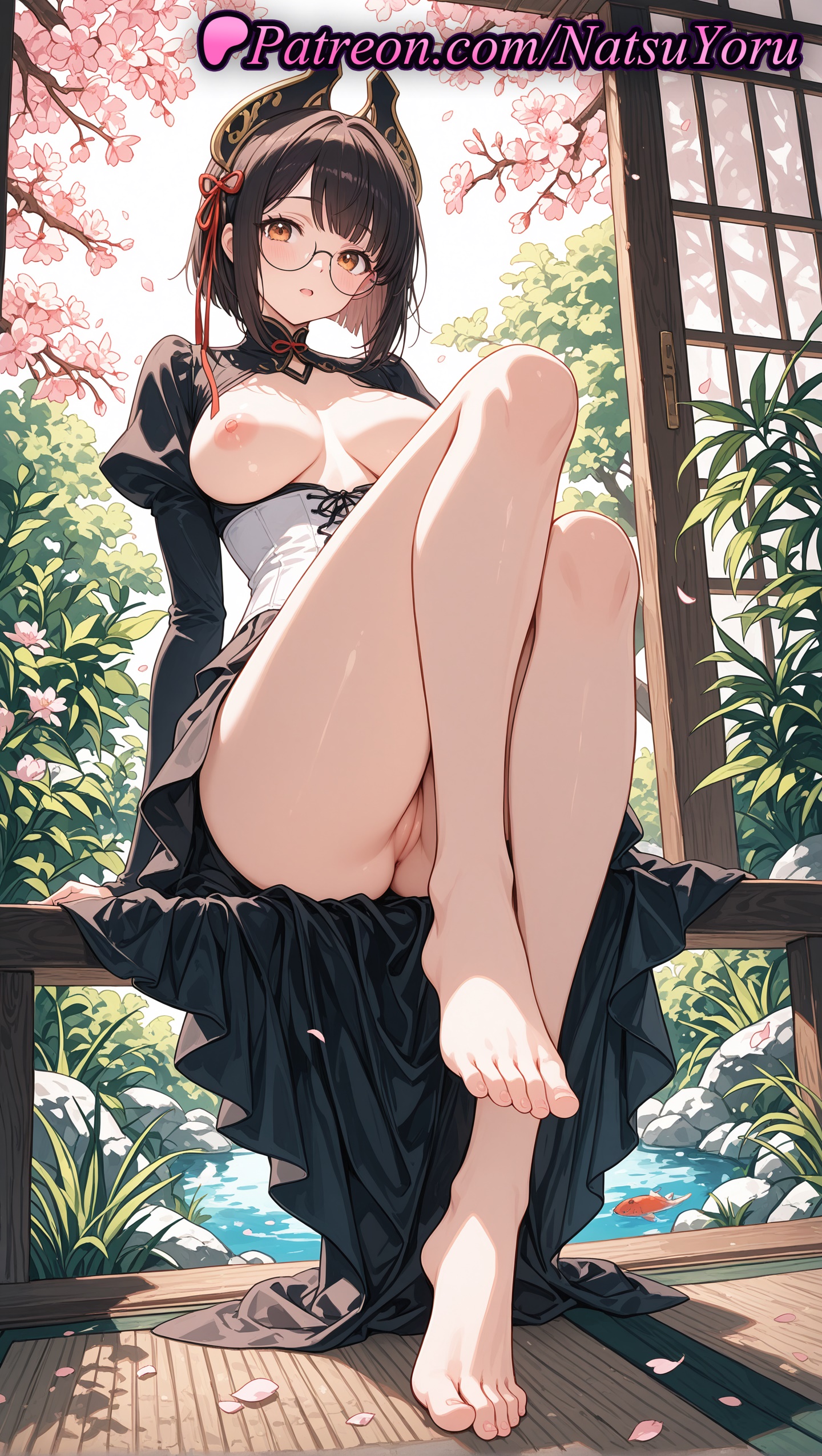 1girls, 2025, ai generated, bangs, bare legs, barefoot, black dress, black hair, breasts, breasts out, breasts outside, cherry blossoms, corset, dress, feet, female, female only, full body, glasses, hi res, highres, horns, juliet sleeves, lee bora, legs, long sleeves, looking at viewer, medium breasts, natsuyoru, nipples, no panties, parted lips, patreon, petals, puffy sleeves, pussy, red ribbon, ribbon, round eyewear, short hair, sitting, solo, solo leveling, thighs, toenails, toes, uncensored, vagina, voluptuous, voluptuous female, water