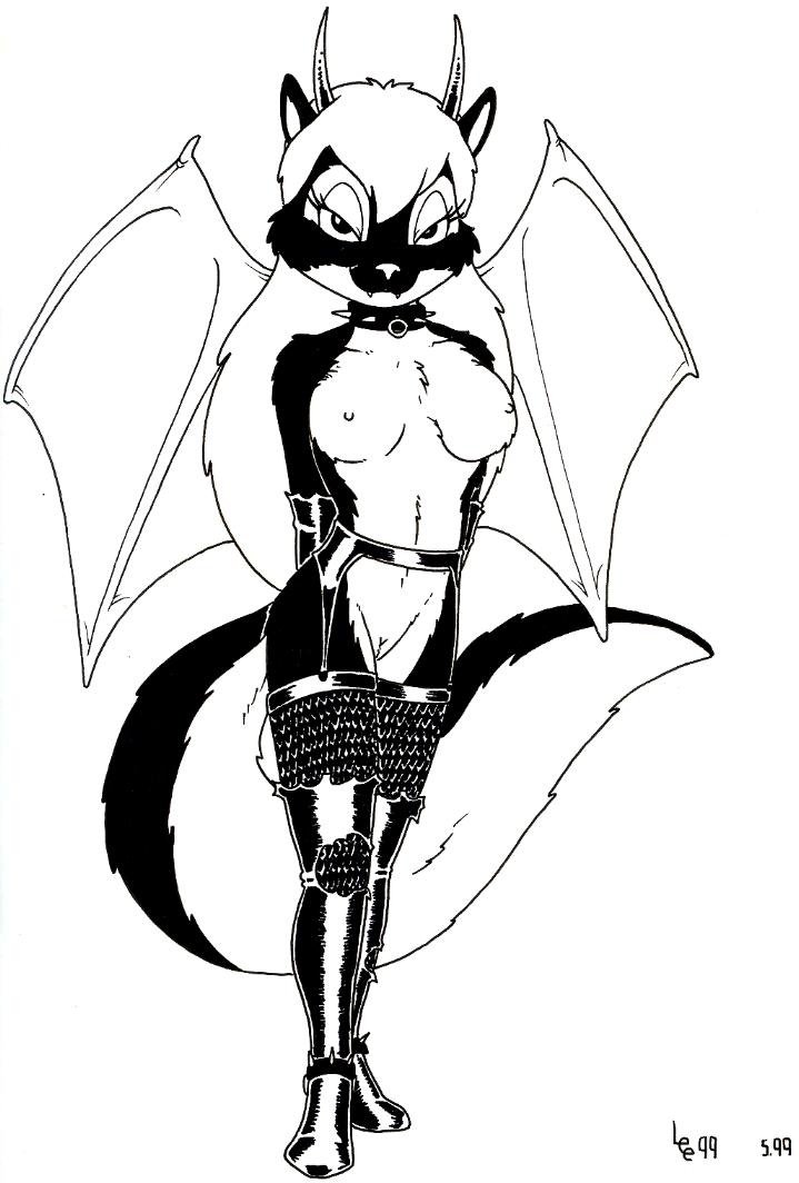 1990s 1999 20th_century anthro black_and_white breasts collar demon demona_(joe_rosales) desiree_lee fangs female horn looking_at_viewer monochrome plain_background pussy skimpy skunk solo spiked_collar white_background wings