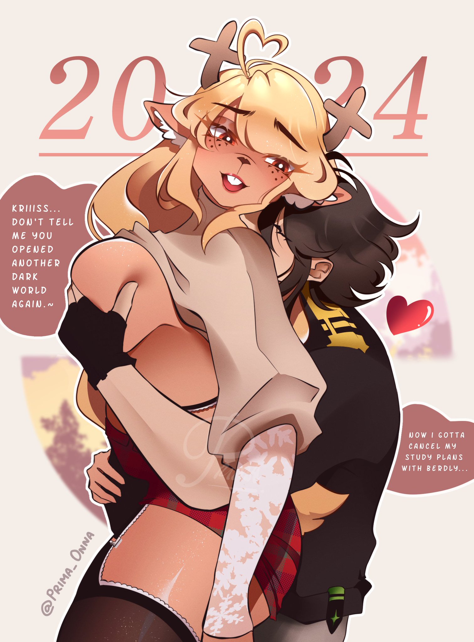 1ambiguous, 1girls, 2024, aged up, alternate ass size, alternate body type, alternate breast size, alternate costume, alternate universe, ambiguous gender, anthro, anthro on human, antlers, ass, big ass, big breasts, blonde hair, breast grab, breast squeeze, breasts, brown hair, buckteeth, closed eyes, deer, deer ears, deer girl, deltarune, dialogue, english text, female, fingerless gloves, freckles, furry, furry on human, grabbing, grabbing breasts, grabbing from behind, heart, heart symbol, holding, holding breast, holding hand, human, human on anthro, interspecies, kris (deltarune), lipstick, long hair, long sleeves, looking at partner, loveycherie, noelle holiday, plaid skirt, red eyes, romantic ambiance, shirt, shirt lift, shirt up, sniffing, stockings, tagme, thick thighs, thigh highs, thighhighs, twitter, twitter username
