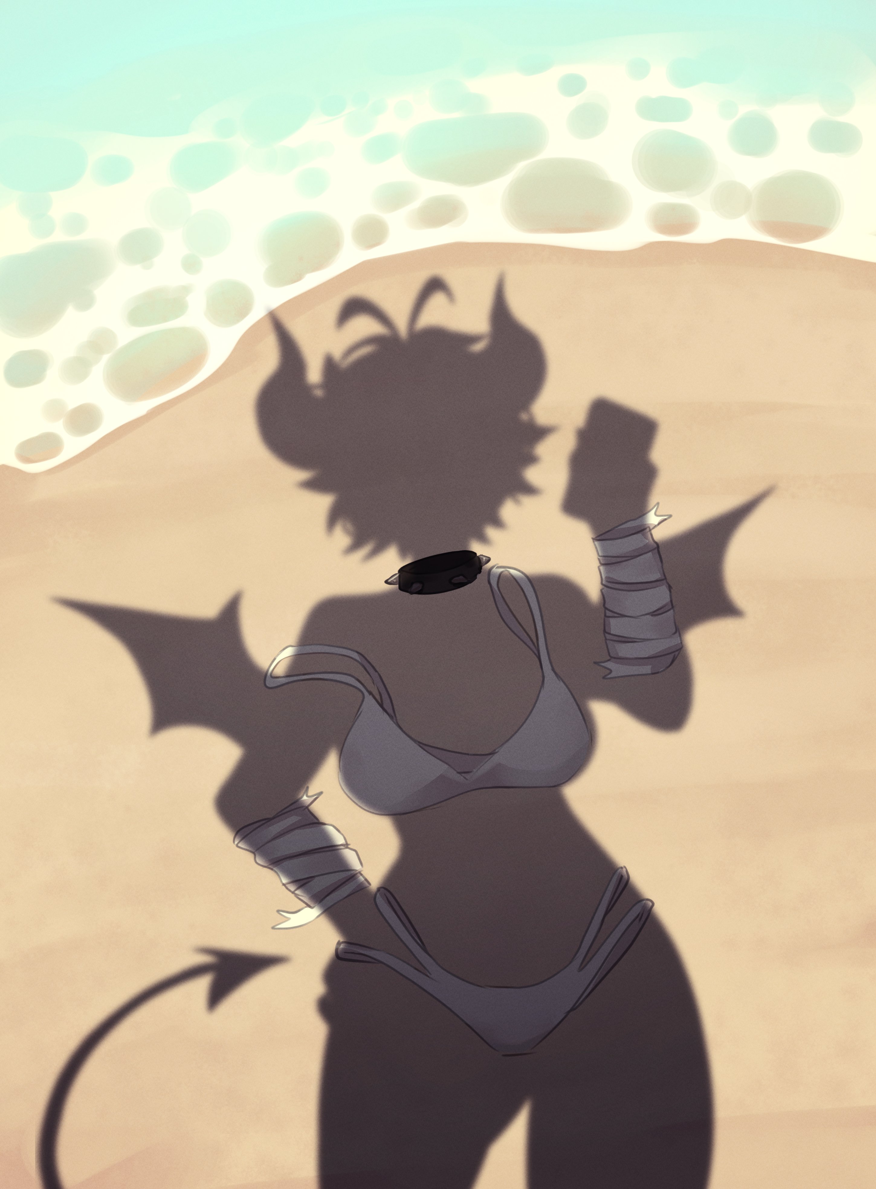 bandage, bandages, bat wings, beach, beach shadow trend, bikini, bikini bottom, bikini top, blaire rune, blairevt, breasts, clothes removed, clothing aside, demon horns, demon tail, dressed shadow (meme), female, horns, implied nudity, indie virtual youtuber, large breasts, meme, meme reference, nonbinary, nude, outside, phone, pov, sand, smartphone, solo, spiked collar, swimsuit, tail, taking picture, virtual youtuber, vtuber, water, white bra, white panties