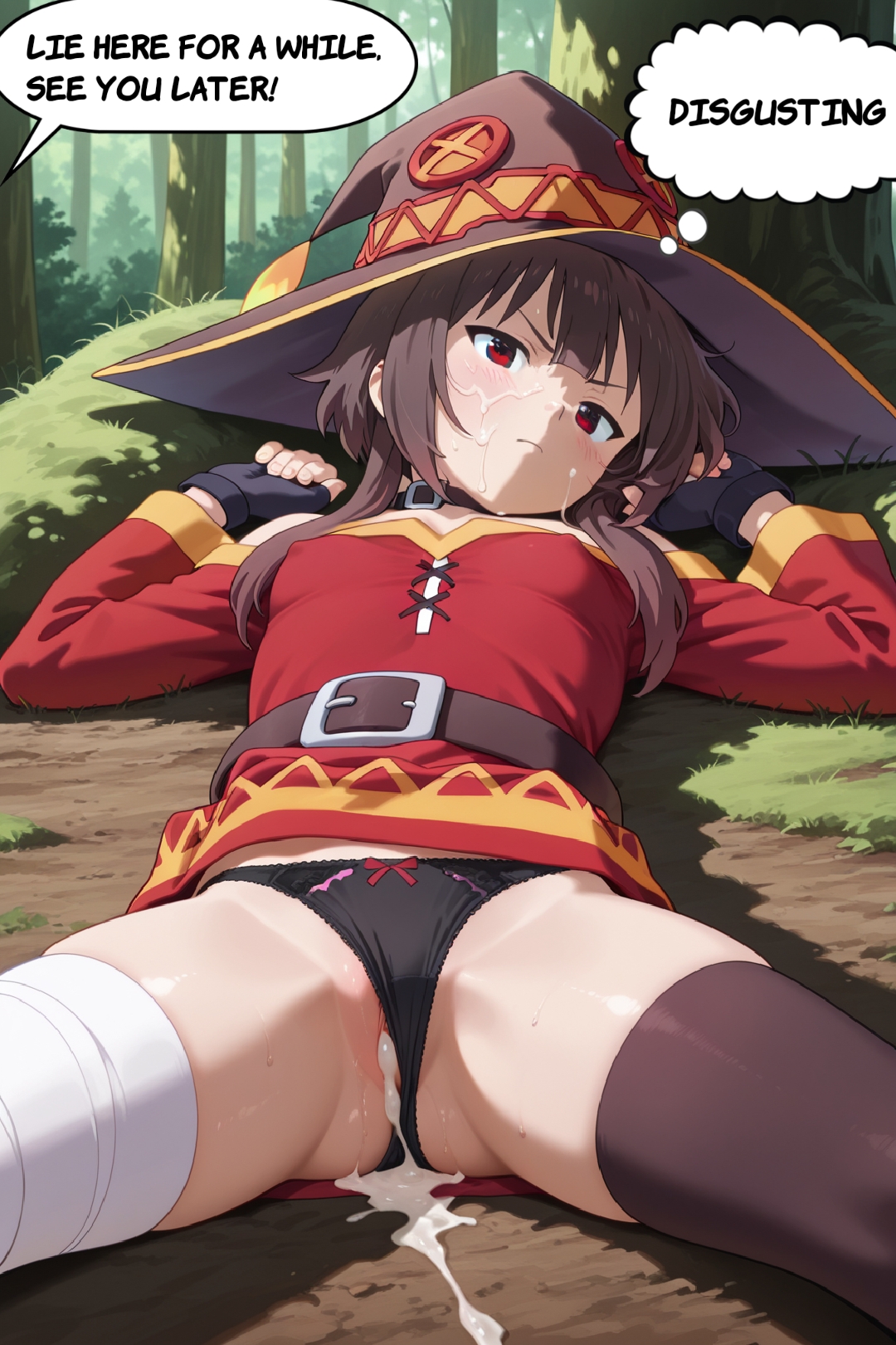 ai generated, angry, angry face, breasts, comic, cum, cum in pussy, cum inside, cum on face, female, impregnation, kono subarashii sekai ni shukufuku wo!, leaking cum, megumin, normal breasts, pussy, red dress, red eyes, short hair, text, text bubble