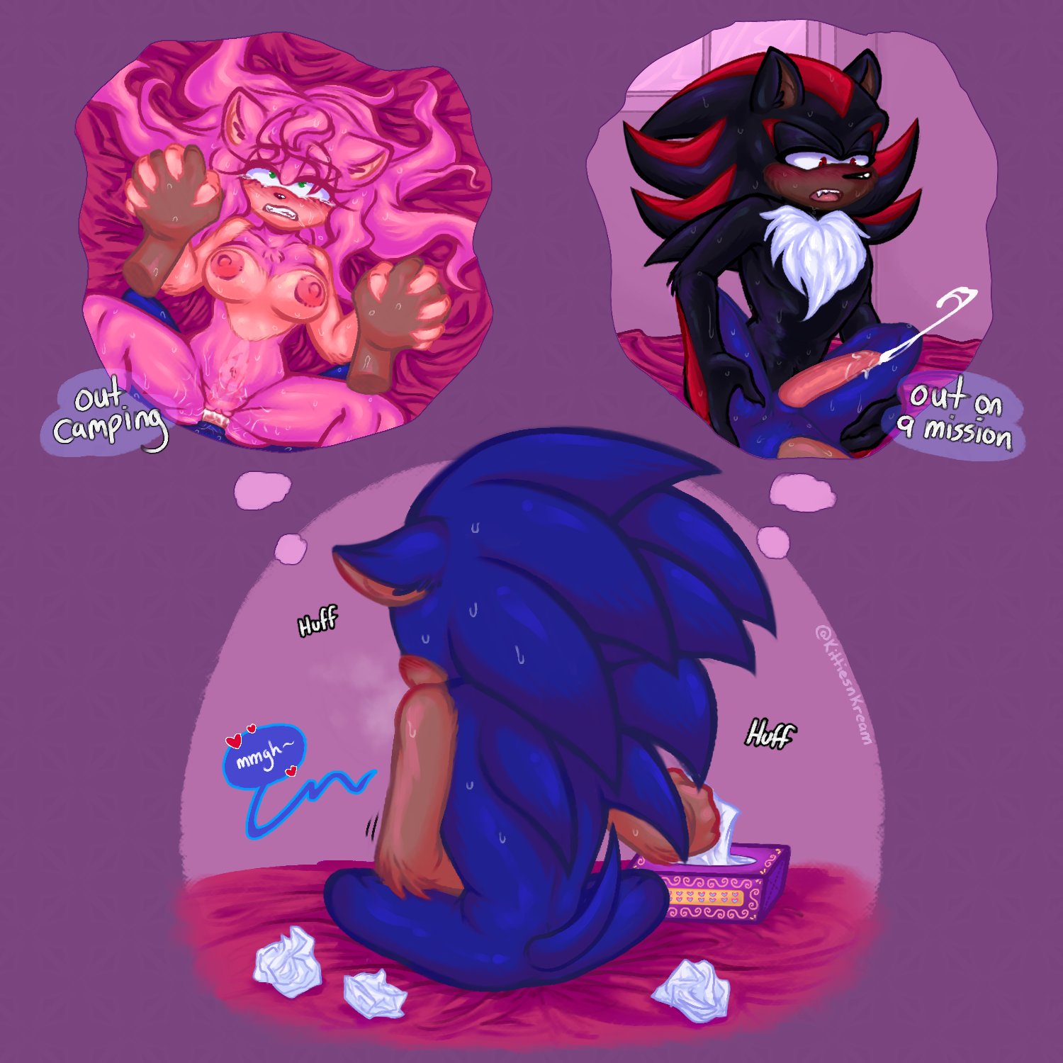 amy rose, bisexual, bisexual male, breasts, cum while penetrated, daydream, female, furry, heavy breathing, jerkingoff, kittiesnkream, long hair, male, male on female, male penetrated, masturbation, penis, polyamory, pussy, sega, sex, shadow the hedgehog, sonic (series), sonic the hedgehog, thought bubble, tissue box, yaoi