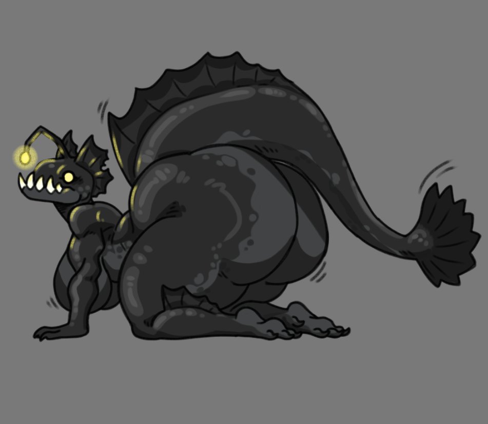 1girls, anglerfish, anthro, ass, ass bigger than head, big ass, big breasts, big butt, bioluminescence, bottom heavy, breasts, bubble butt, curvaceous, curvy, curvy figure, female, female only, fins, fish, grey background, hook (torururuu), huge ass, huge breasts, long tail, looking back, lure (anatomy), nude, on knees, sharp teeth, side view, solo, solo female, tail, tail fin, thick tail, thick thighs, torururuu, voluptuous, voluptuous female, wide hips, yellow eyes