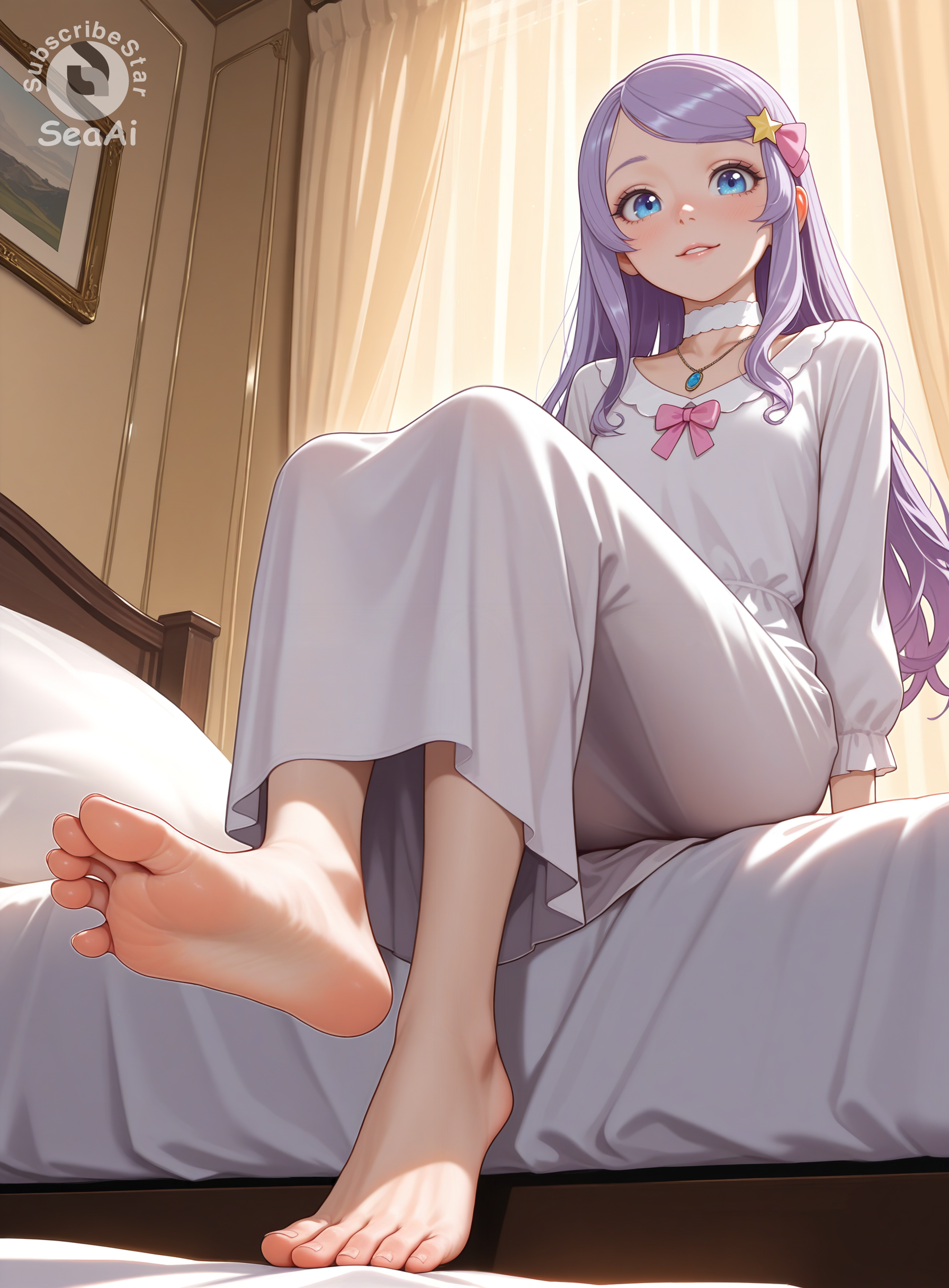 1girls, ai generated, anastasia hoshin, breasts, feet, female, foot fetish, from below, indoors, looking at viewer, on bed, parted lips, re:zero kara hajimeru isekai seikatsu, seacreator, sitting, skinny, skinny female, small breasts, soles, subscribestar, subscribestar logo, subscribestar username, toenails, toes