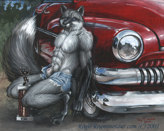 1boy 2001 anthro blue_eyes canine car fur furry gay male male_only penis rog_minotaur sheath solo trophy