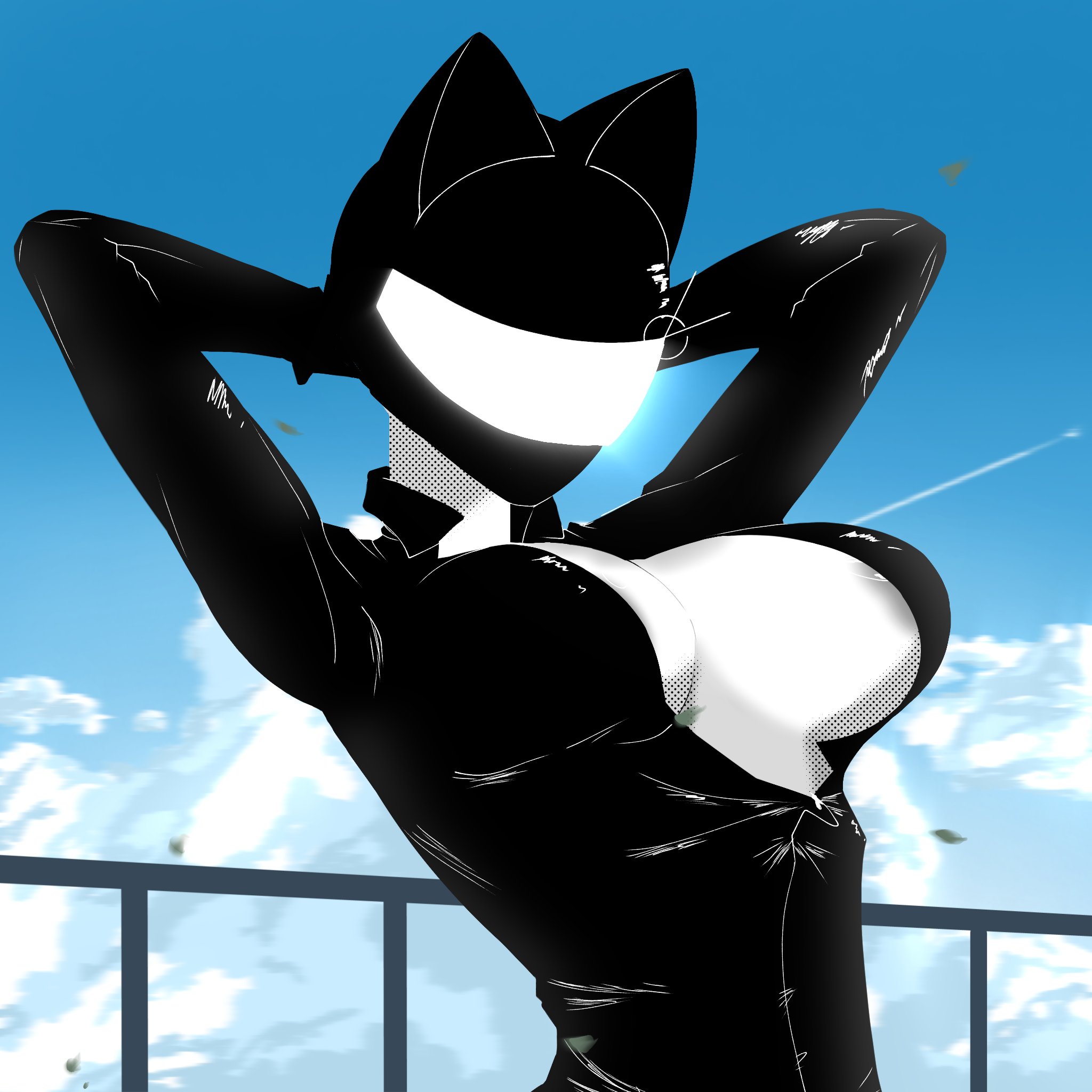1girls, bodysuit, cat ear helmet, cat ears, catsuit, celty sturluson, cloud, durarara!!, female, helmet, latex, motorcycle helmet, nipple slip, open bodysuit, open clothes, psenkoks, selfie, skin tight, sky, tagme, tattoo, tattoos, tight clothes, tight clothing, unzipped, unzipped bodysuit, unzipping