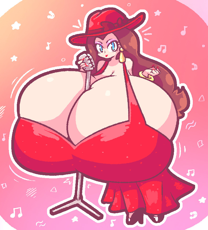 1girls, between breasts, breasts, breasts bigger than head, breasts bigger than torso, bursting breasts, female, hyper, hyper breasts, long hair, looking at viewer, mario (series), massive breasts, pauline, solo female, super mario bros., tagme, vivilove lite, viviluxe