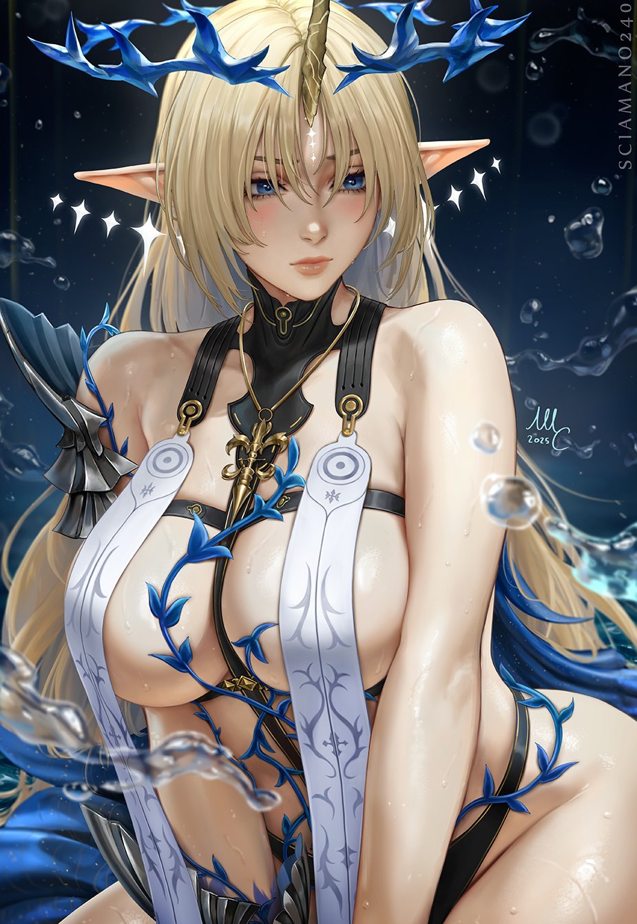 2d 2d_(artwork) 2d_artwork bare_shoulders blonde_female blonde_hair blue_eyes blush breasts_covered cleavage collarbone color crown earrings elegant elegant_dress elf_ears elf_female female female_knight fleurdelys_(wuthering_waves) gauntlet goddess heroine horn horned_female knight large_breasts long_ears long_hair necklace pointy_ears revealing_clothes revealing_outfit sciamano240 slim_waist tagme tall_female thick_thighs unicorn_horn wet_body white_skin wide_hips wuthering_waves