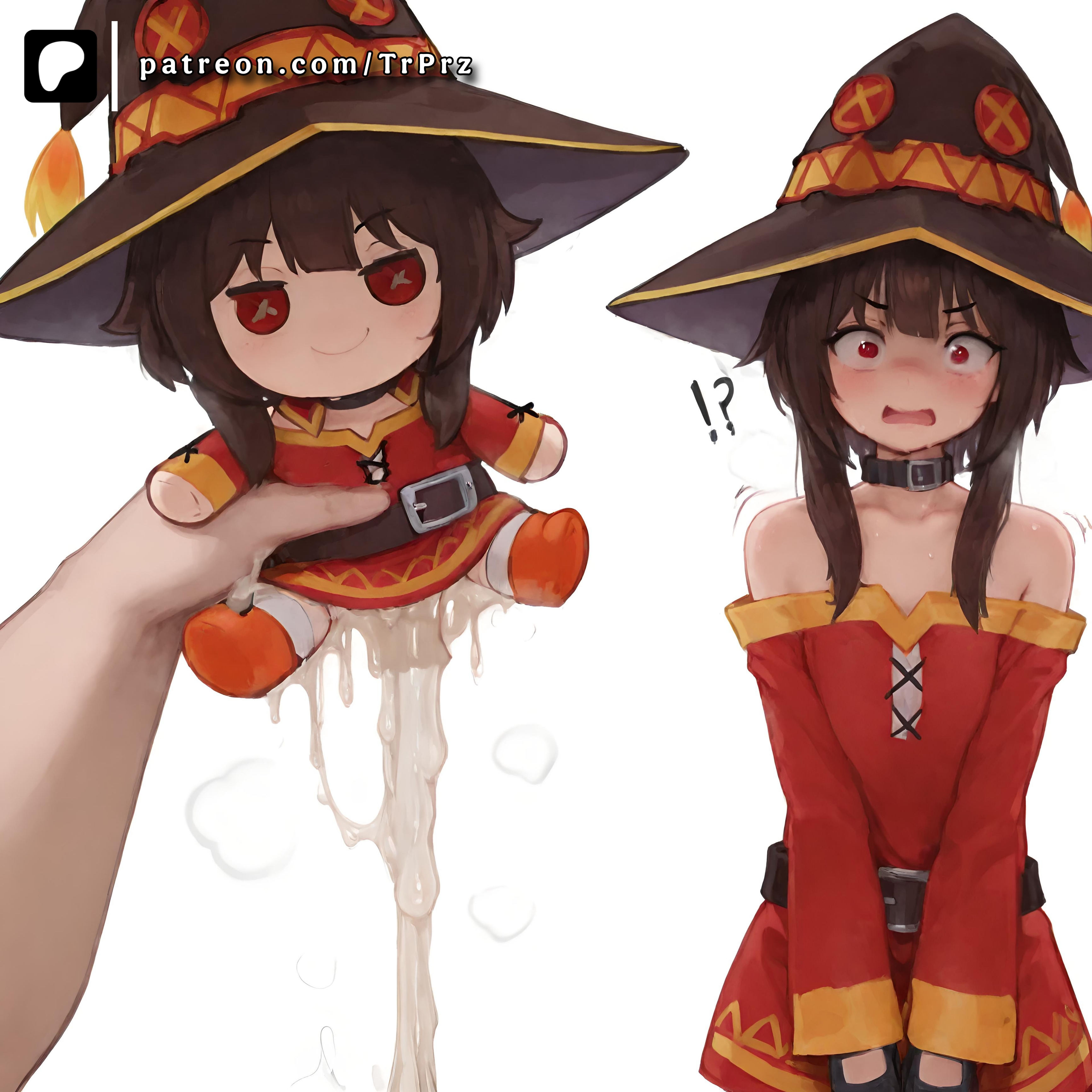ai generated, blush, clothed, cum, cumdrip, doll, excessive cum, female, female focus, kono subarashii sekai ni shukufuku wo!, looking at viewer, megumin, meme, open mouth, sparkle doll meme, spoken question mark, standing, surprised, trugprz