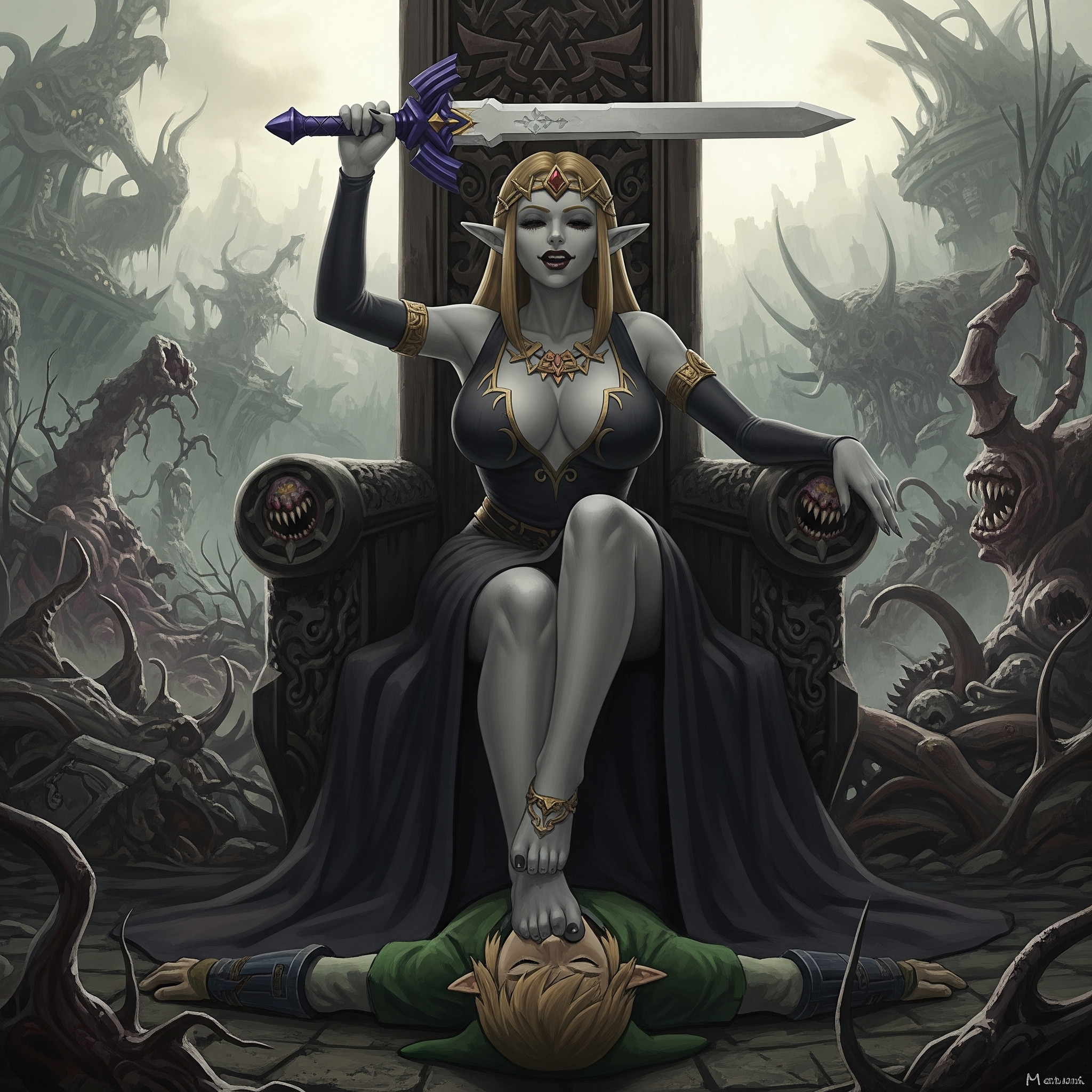 ai generated, corruption, defeated, defeated hero, dominant female, domination, female, femdom, foot fetish, foot focus, foot worship, link, male, princess zelda, submissive, submissive male, the legend of zelda