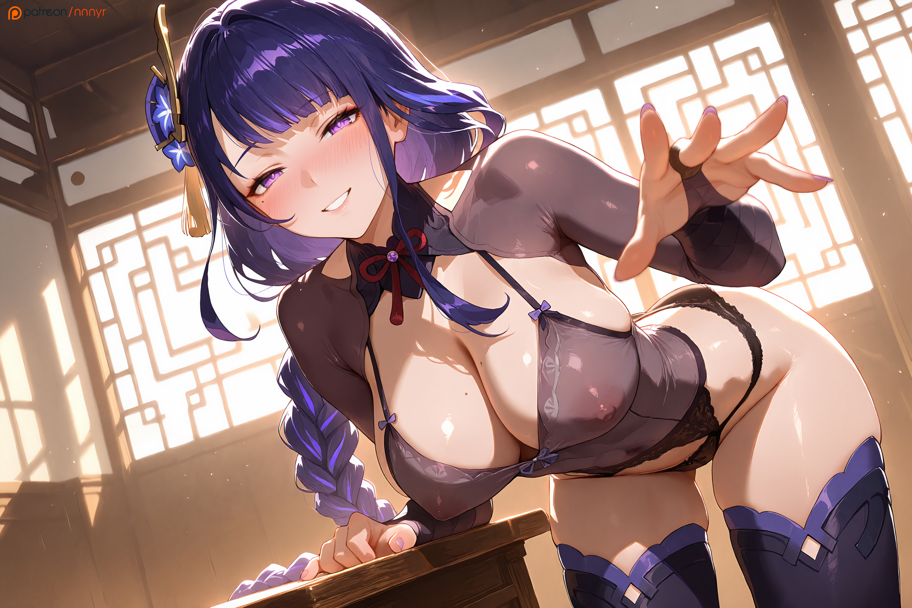 1girls, absurd res, absurd resolution, absurdres, ai generated, bent over, bent over table, big breasts, blush, braid, braided hair, breasts, female, female focus, female only, garter straps, genshin impact, hi res, high quality, high resolution, highres, kneeling, lace, lace-trimmed bra, lace-trimmed panties, long hair, mole under eye, nipples visible through clothing, nnnyr, purple eyes, purple hair, raiden shogun, sexy, sexy pose, single braid, sleeves, smile, smiling, smiling at viewer, solo, solo female, solo focus, stable diffusion, stockings, straps, teeth, teeth showing, thigh highs, thighhighs, thighs