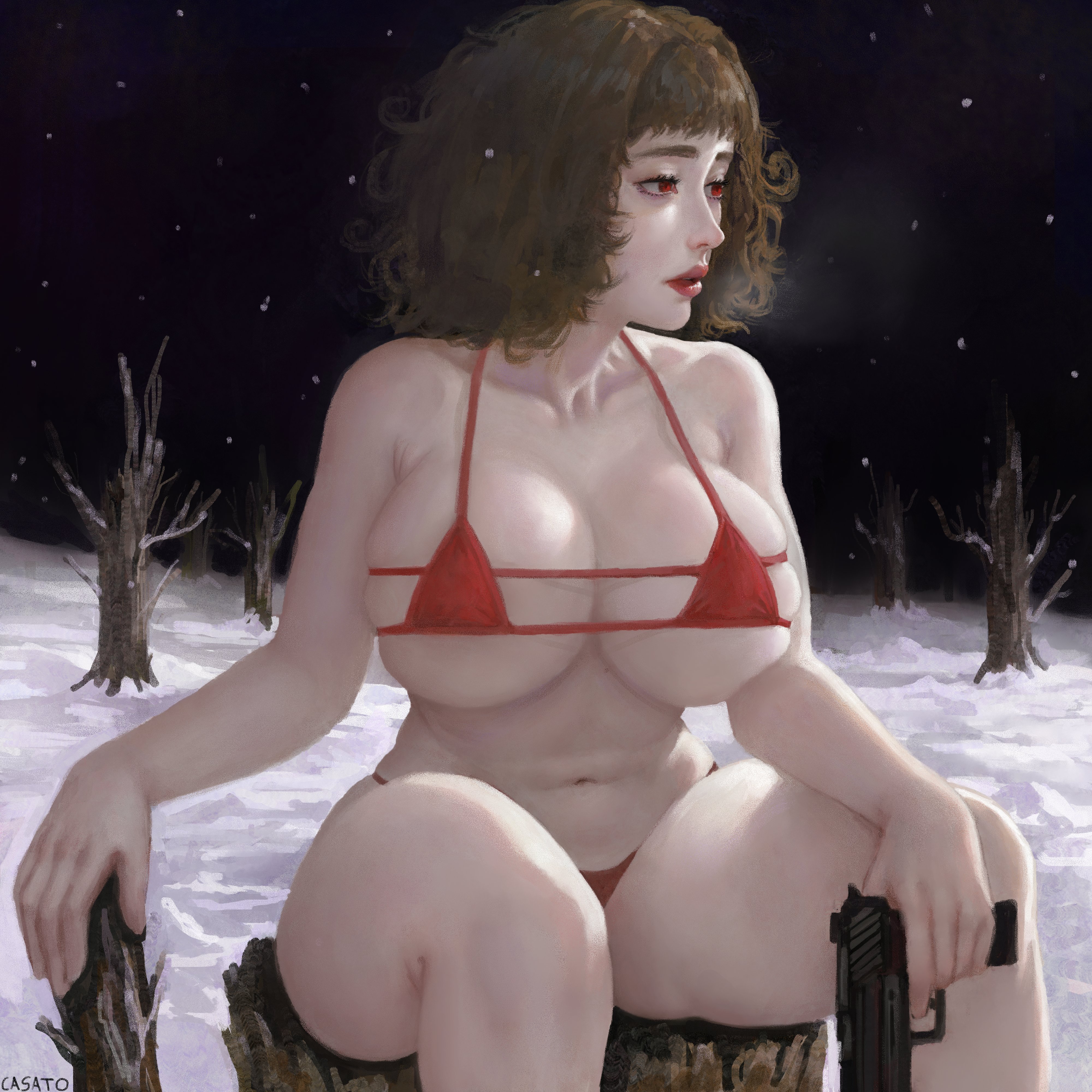 big breasts, bikini, breasts, casato, ellie (casato), female, gun, pistol, snow
