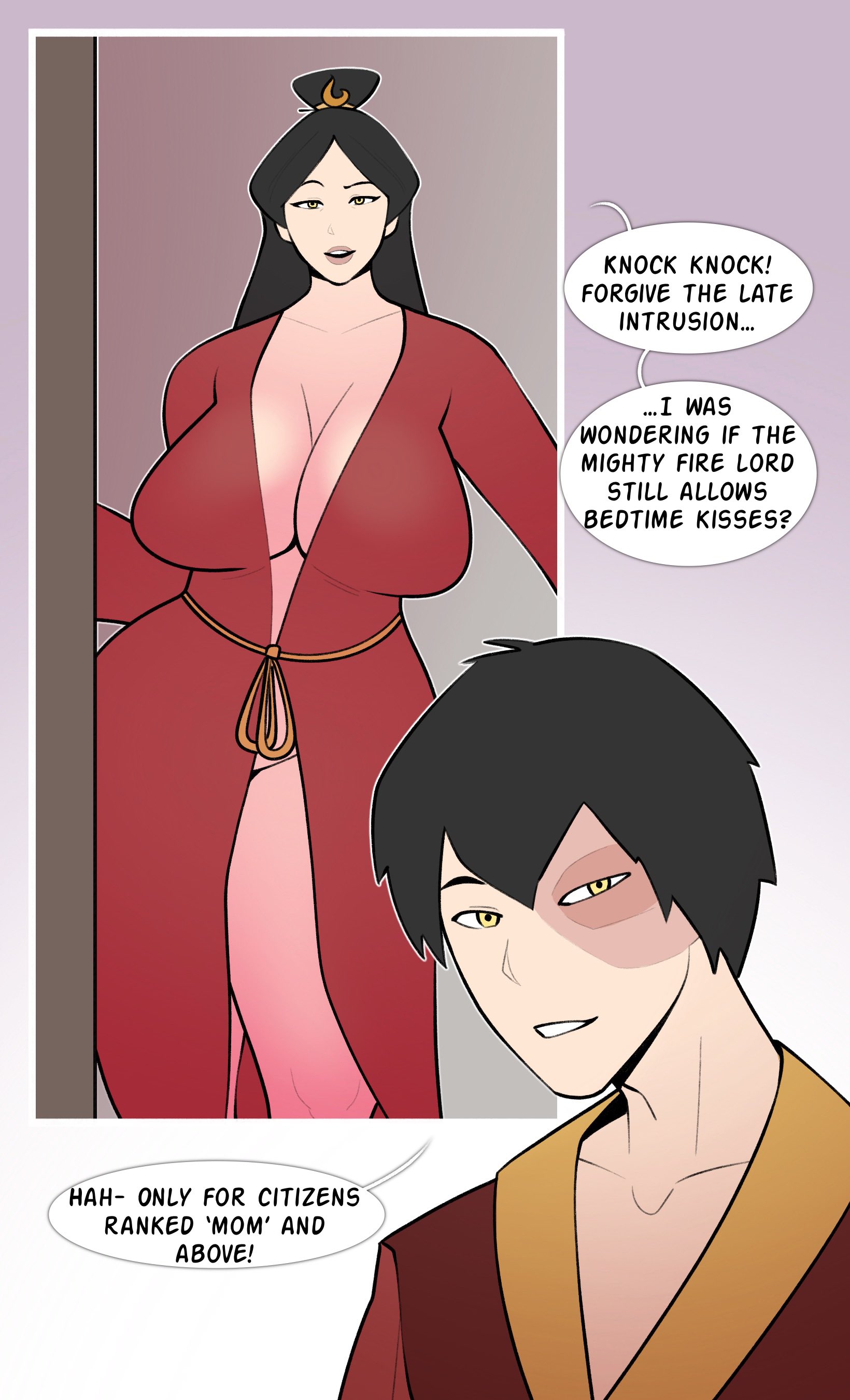 1boy, age difference, avatar the last airbender, big breasts, black hair, breasts, burn scar, busty, child bearing hips, cleavage, clothed, clothes, clothing, collarbone, comic, comic page, cowboy shot, crown braid, curvy, dialogue, door, doorway, english language, english text, female, golden eyes, grin, hair bun, hair ornament, happy, huge breasts, jopuari, king, large breasts, lipstick, long hair, looking at viewer, makeup, male, mature female, milf, mother and son, no bra, no panties, no underwear, open door, open mouth, open robe, page 1, parted bangs, plunging neckline, prince, queen, red dress, red kimono, red lipstick, red robe, robe, scar, scar across eye, scar on face, seductive, short hair, single hair bun, smile, smug, speech, speech bubble, speech bubbles, standing, text, thick thighs, thighhighs, thighs, things, top heavy, ursa (avatar), wide hips, yellow eyes, zuko