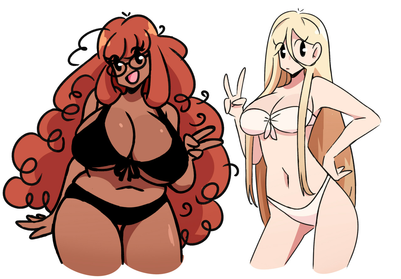 2025, 2girls, average breasts, belly button, big breasts, big thighs, black bra, black underwear, blonde hair, bra, breasts, chubby, curly hair, dark skin, dark-skinned female, female, female focus, female only, glasses, hair between eyes, hand on hip, light-skinned female, long hair, murgoten, oc, ocs, open mouth, open smile, peace sign, raised hand, simple background, simple eyes, simple face, slim female, slim waist, thick, thick female, thick lines, thick thighs, thick waist, thin, thin female, thin lines, thin thighs, thin waist, underwear, v sign, white background, white bra, white underwear